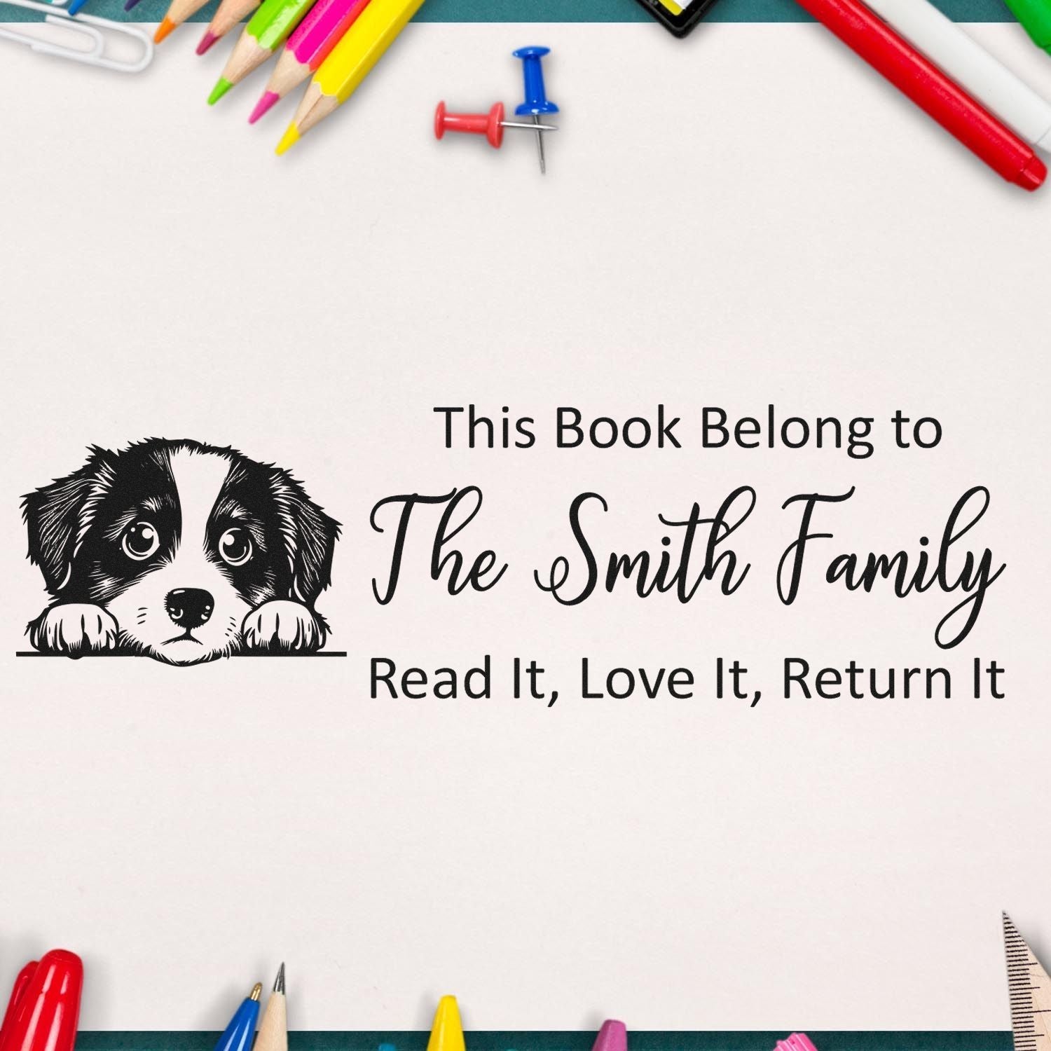 Personalized dog book rubber stamp with This Book Belongs to The Smith Family for marking kids library books.