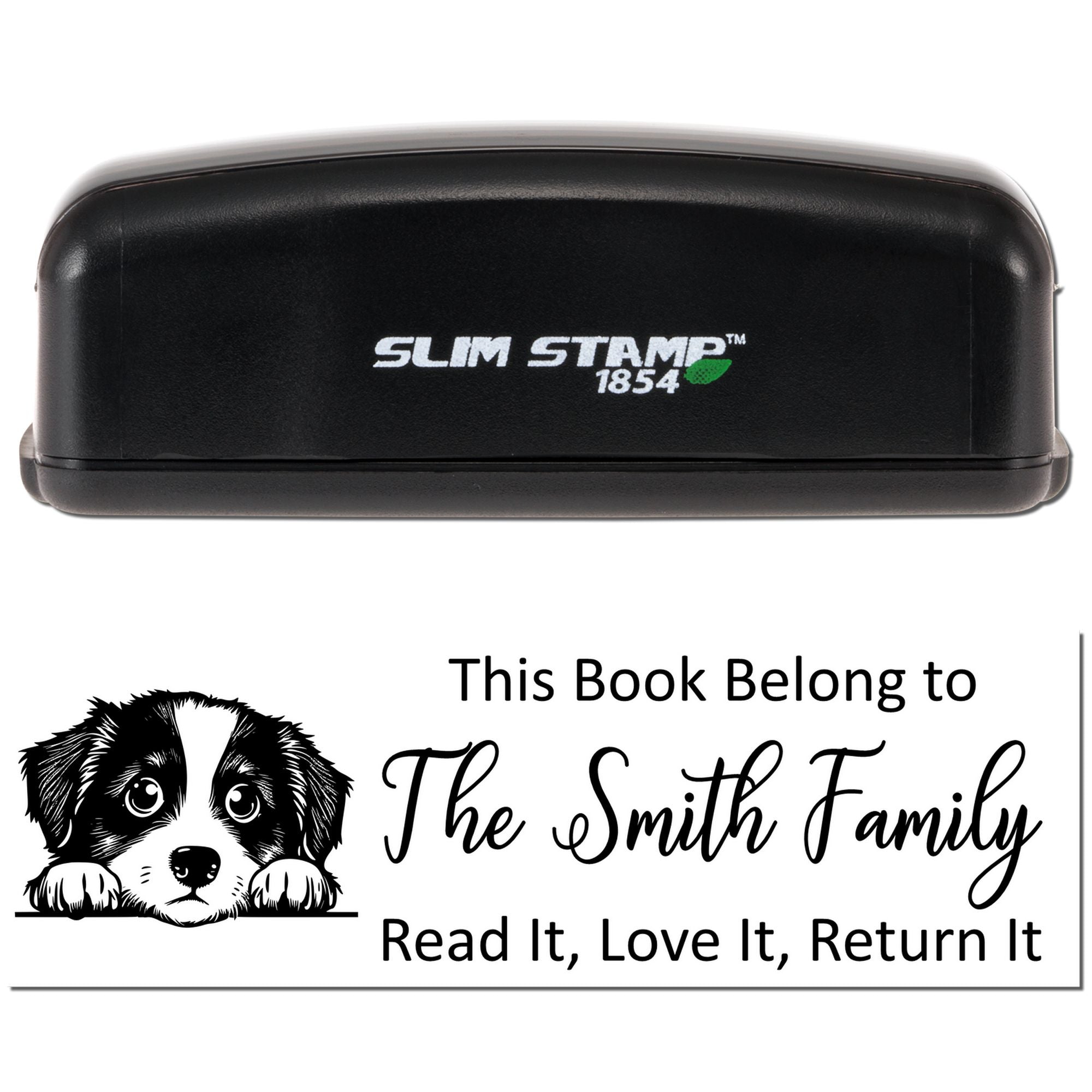 Custom self-inking rubber book stamp with puppy bookplate, personalizing books for The Smith Family and return reminders.