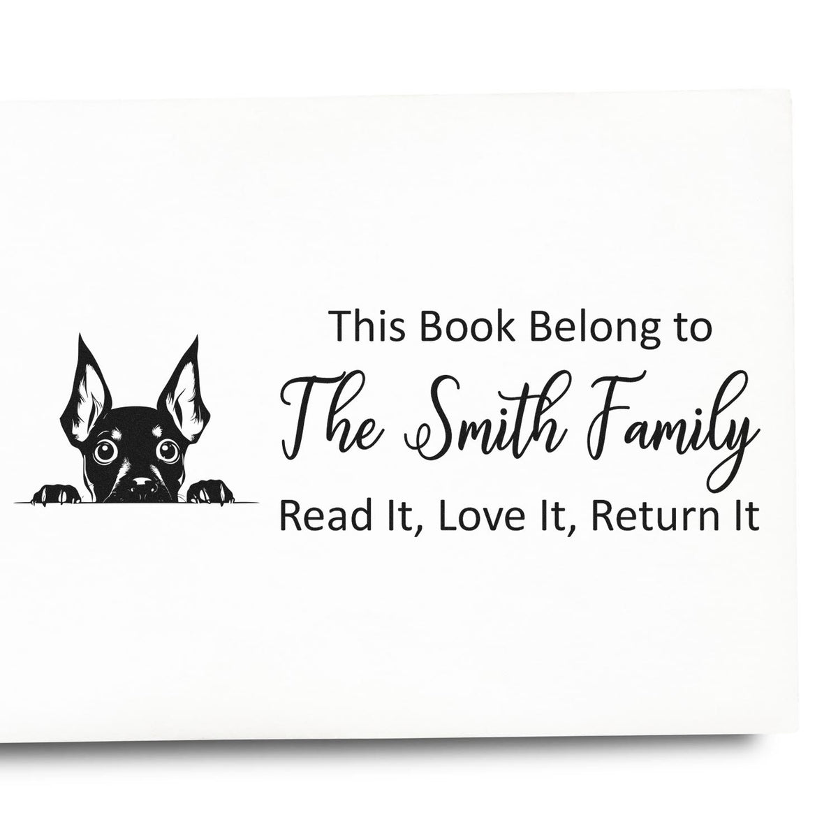 Personalized dog-themed book stamp with This Book Belongs to The Smith Family and Read It, Love It, Return It message.