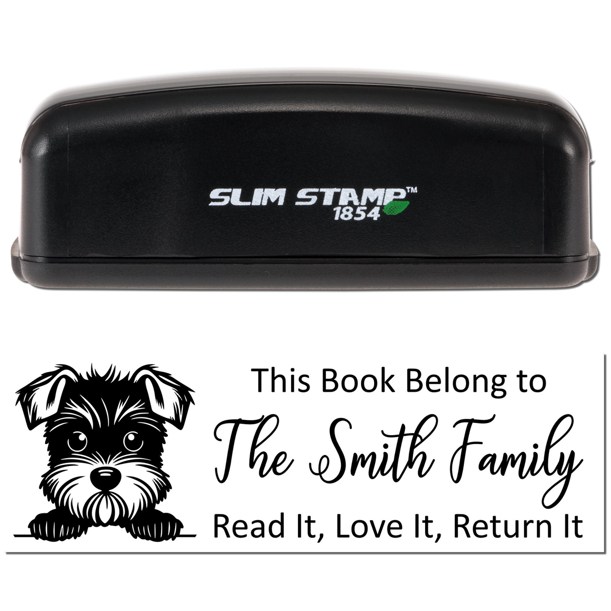 Slim Stamp 1854 custom rubber book stamp with dog design and This Book Belong to The Smith Family return label imprint