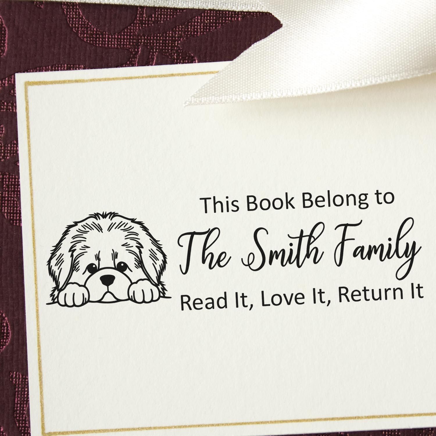 Personalized dog book plate rubber stamp for library labels, featuring This Book Belongs to The Smith Family.