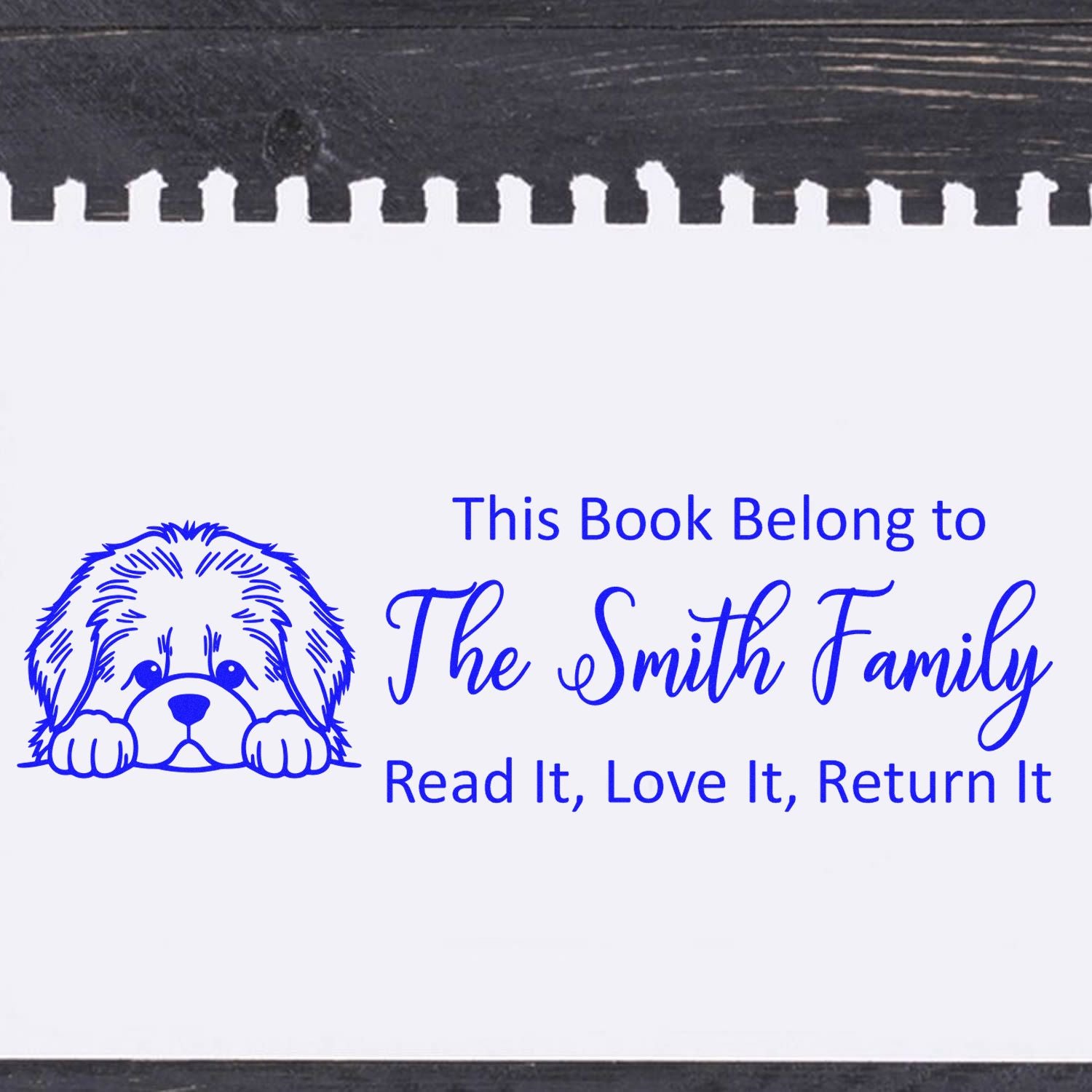 Personalized book rubber stamp with dog illustration: This Book Belongs to The Smith Family, Read It, Love It, Return It.