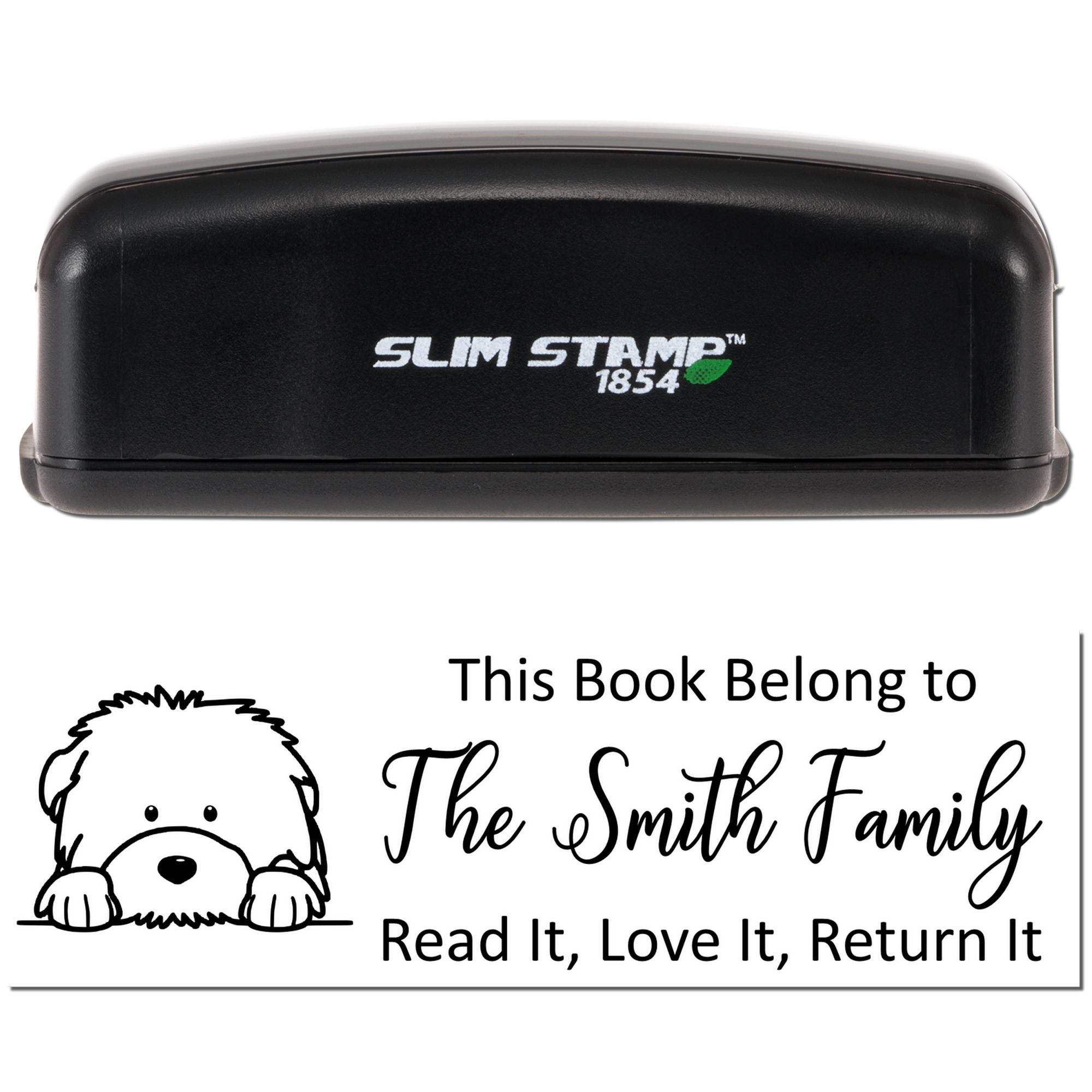 Custom Slim Stamp rubber stamp for personalized bookplates, featuring a dog design and This Book Belong to The Smith Family text.
