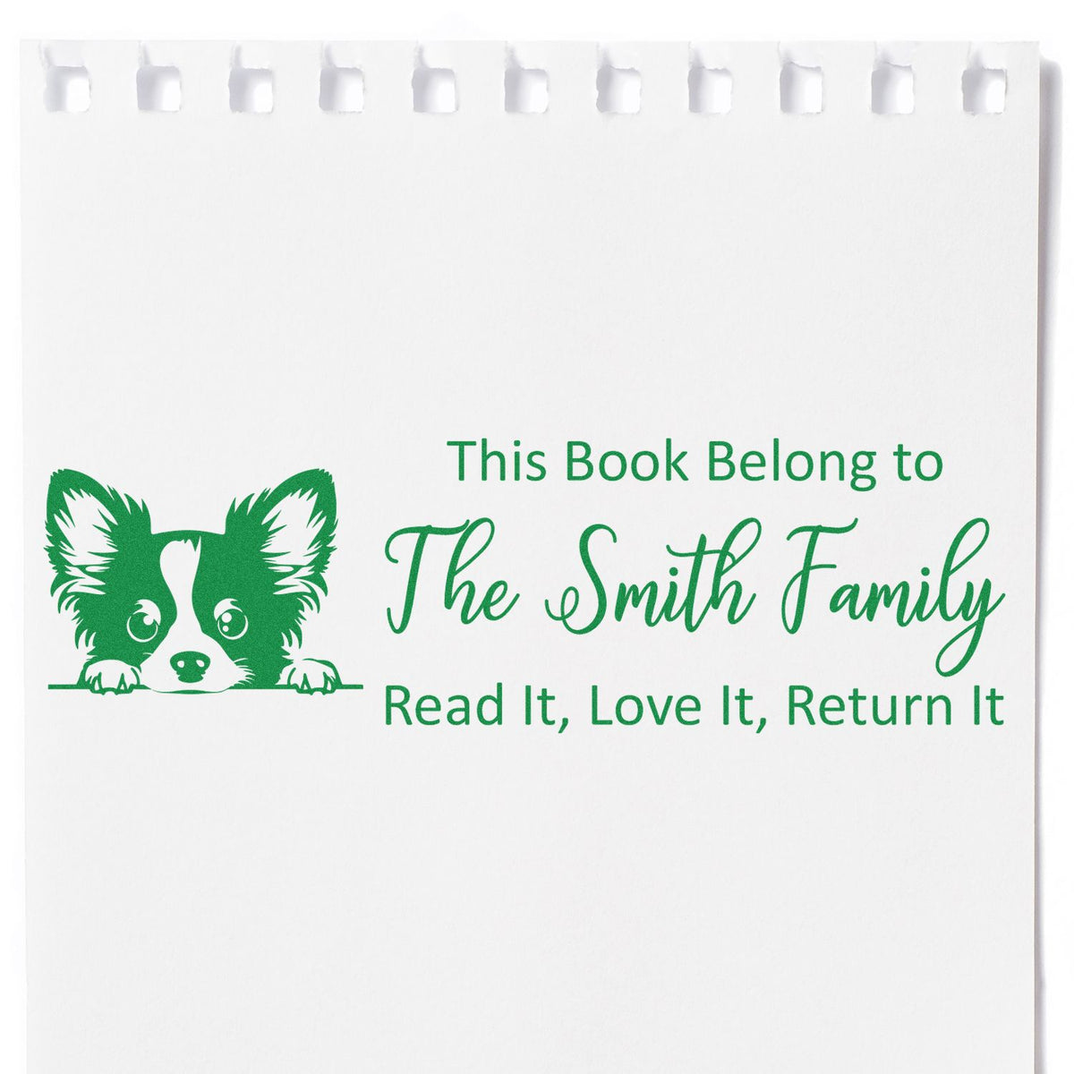 Personalized family library book stamp with dog design: This Book Belongs to The Smith FamilyRead It, Love It, Return It
