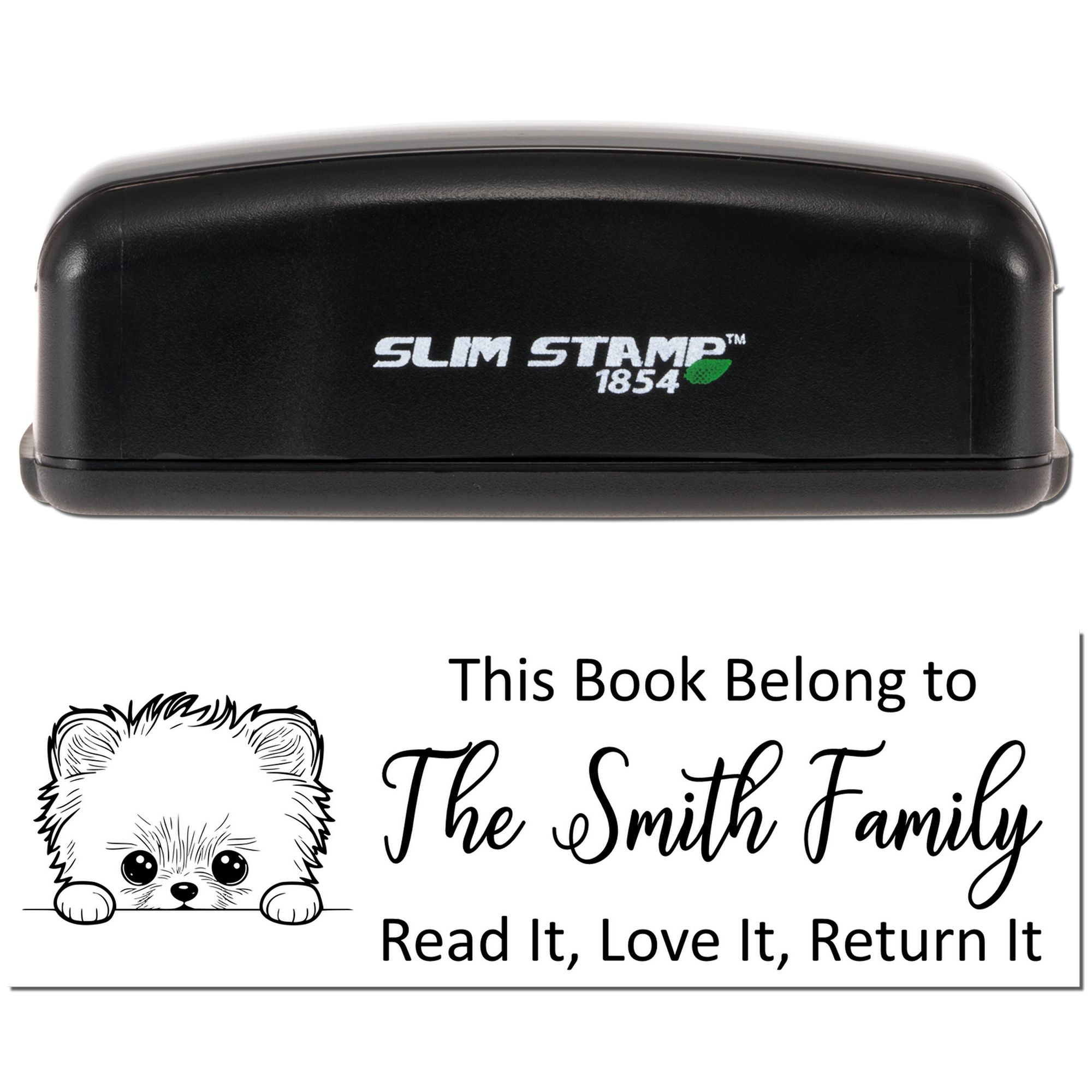 Slim Stamp 1854 rubber stamp with custom bookplate design reading This Book Belong to The Smith Family and dog illustration.