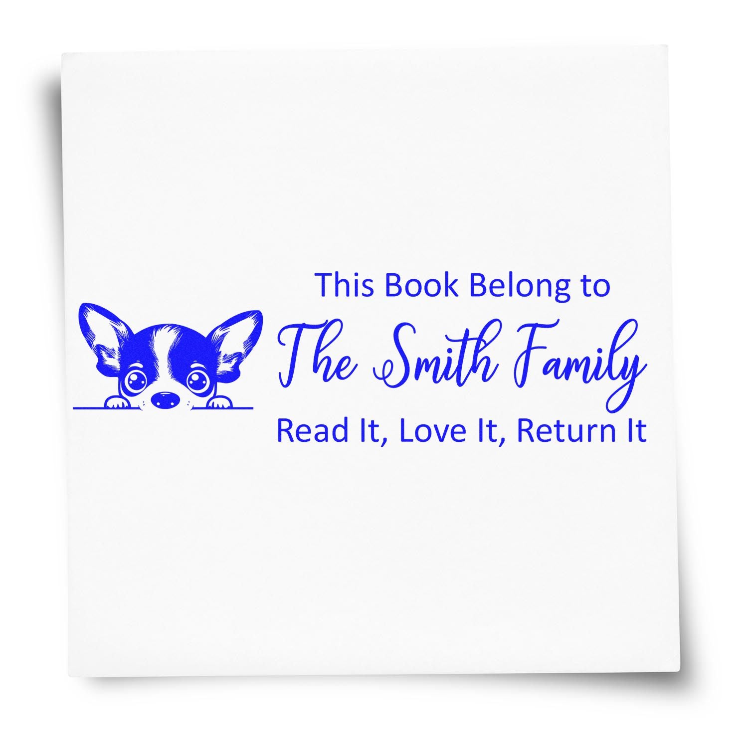 Custom personalized book stamp with dog graphic and Smith family name, ideal for marking library books to read and return.