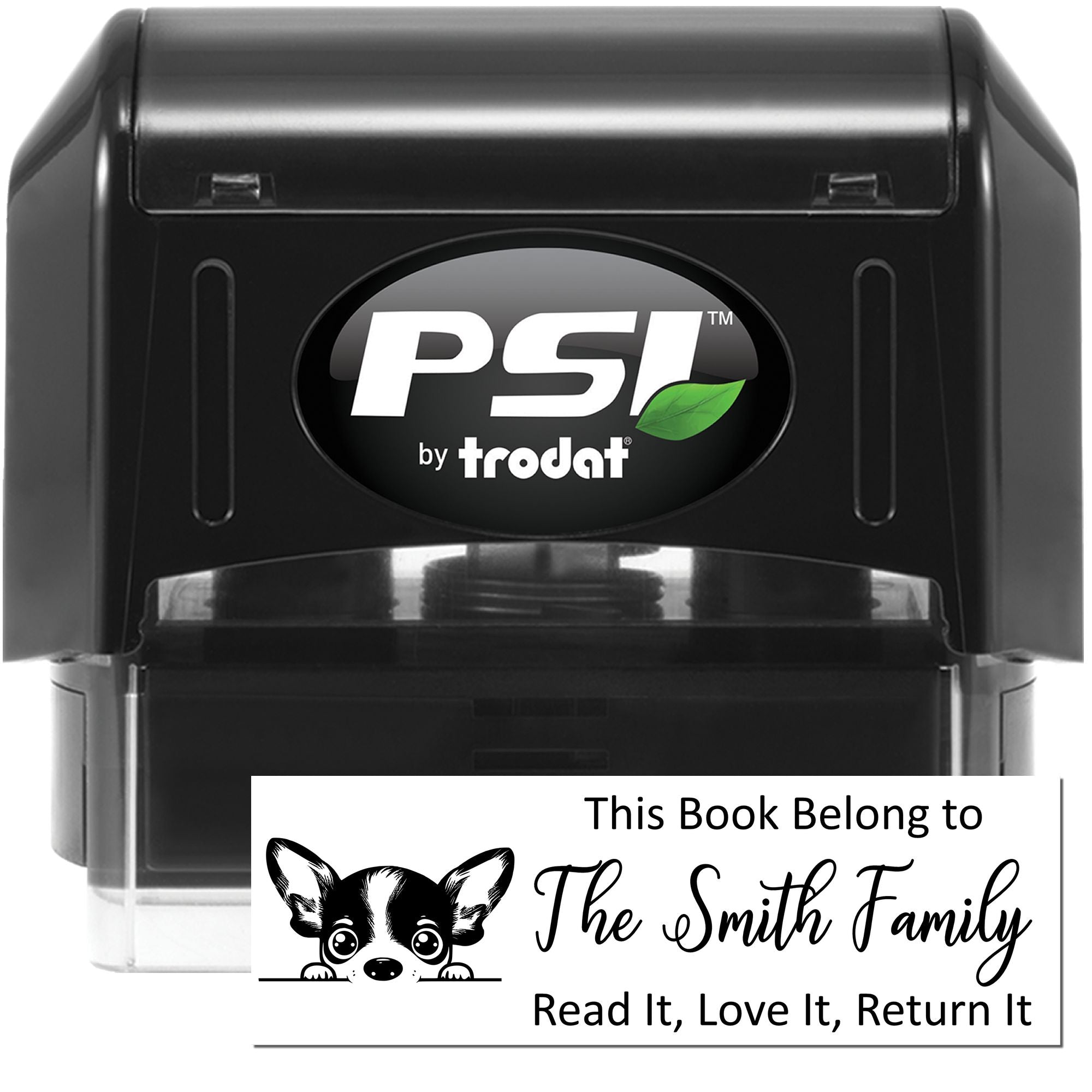 Personalized self-inking book stamp by PSI Trodat for childrens libraries, with family name and Read It, Love It, Return It text.