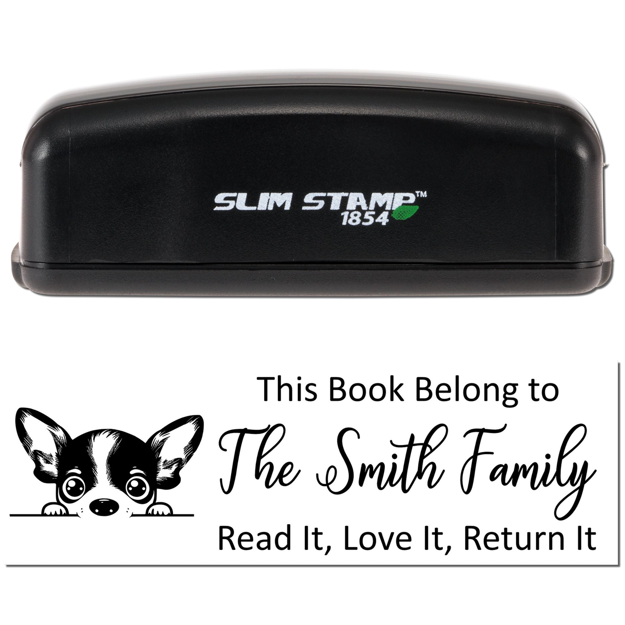 Slim Stamp 1854 personalized rubber book stamp with dog graphic and This Book Belong to The Smith Family return-it message.
