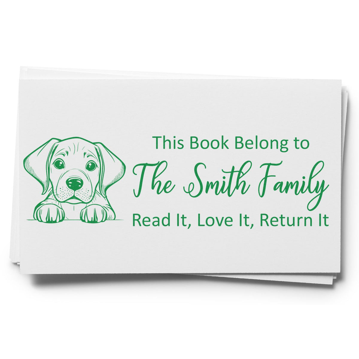 Custom dog bookplate rubber stamp with puppy illustration and This Book Belongs to The Smith Family, Read It, Love It, Return It text.