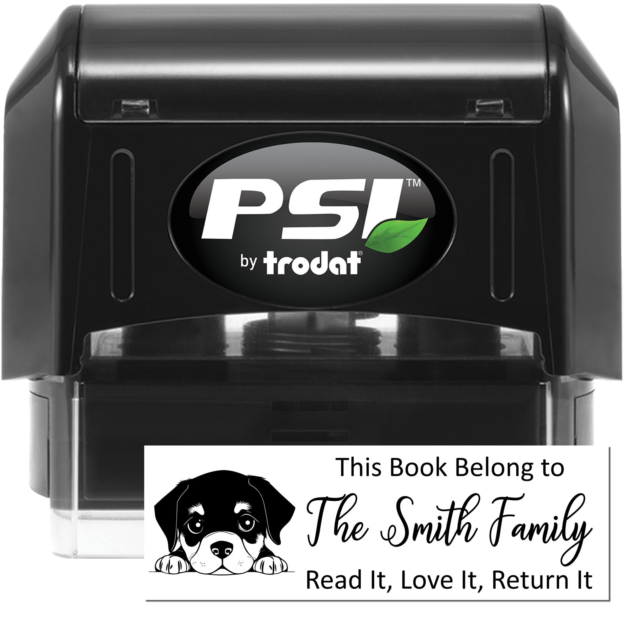 PSI by Trodat self-inking rubber stamp for custom bookplate labels, featuring a dog design and This Book Belongs To message