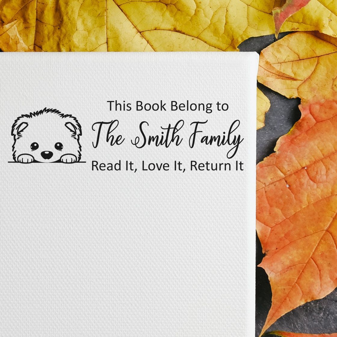 Personalized rubber stamp for books with bear design, marking This Book Belong to The Smith Family for easy returns.