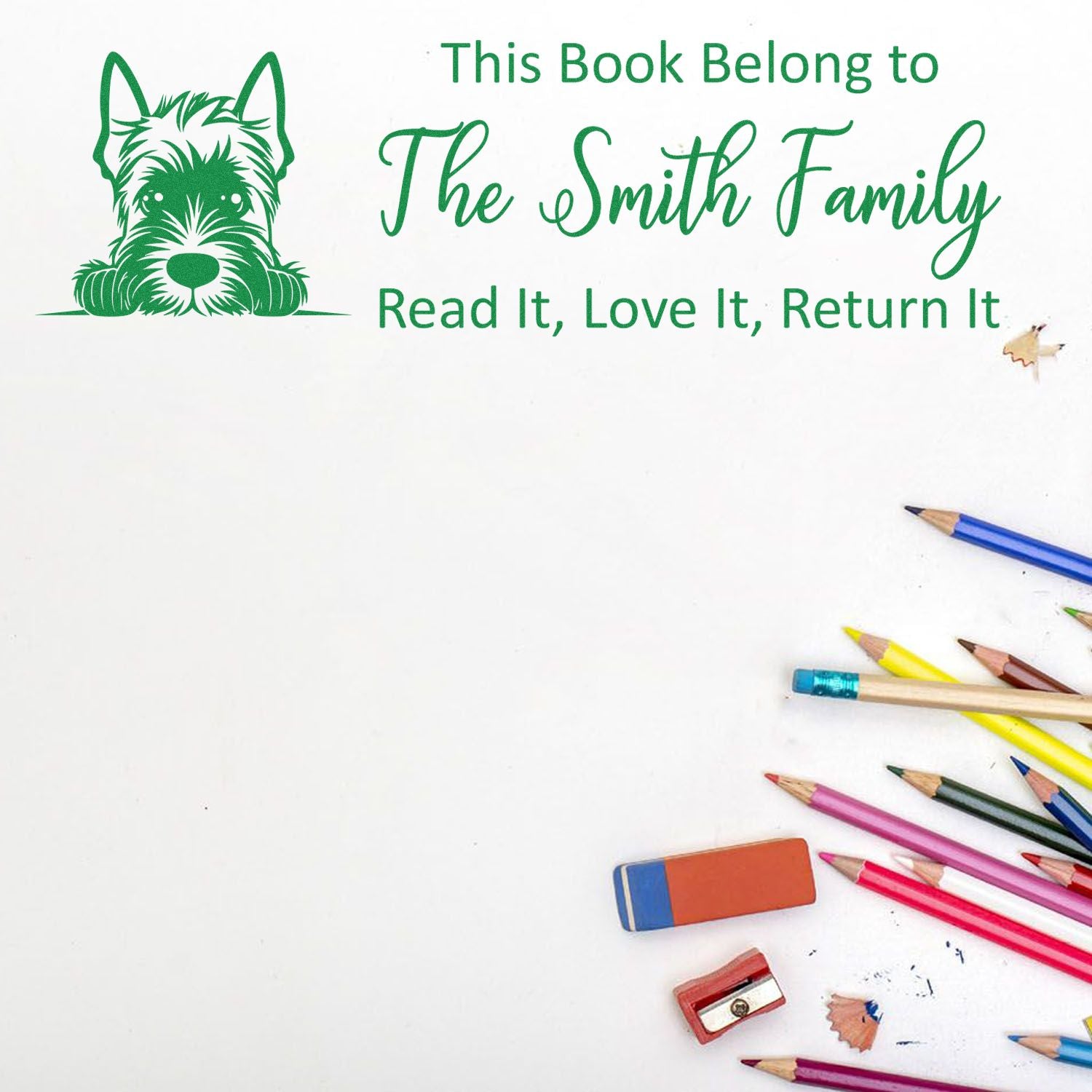 Custom rubber stamp design for books with dog illustration: This Book Belongs to The Smith Family, Read It, Love It, Return It.
