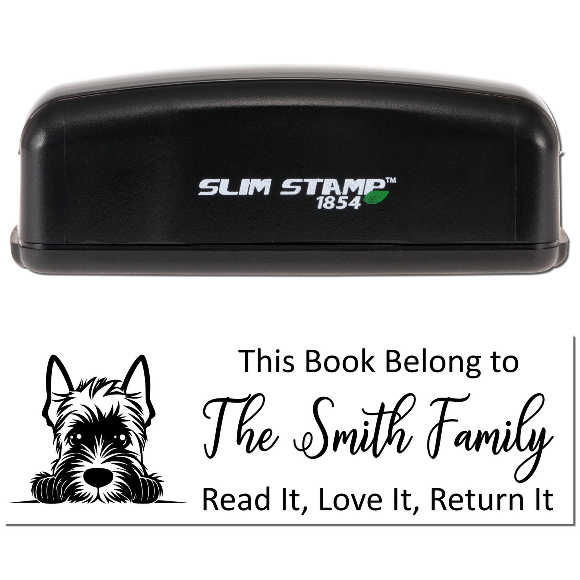 Slim Stamp 1854 self-inking rubber stamp for personalized book labels, showing a dog bookplate design for The Smith Family.