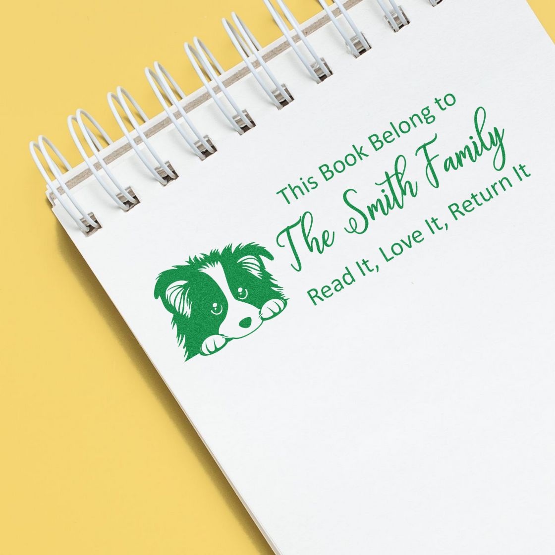 Custom rubber stamp for books: personalized The Smith Family bookplate with dog icon, read it, love it, return it.