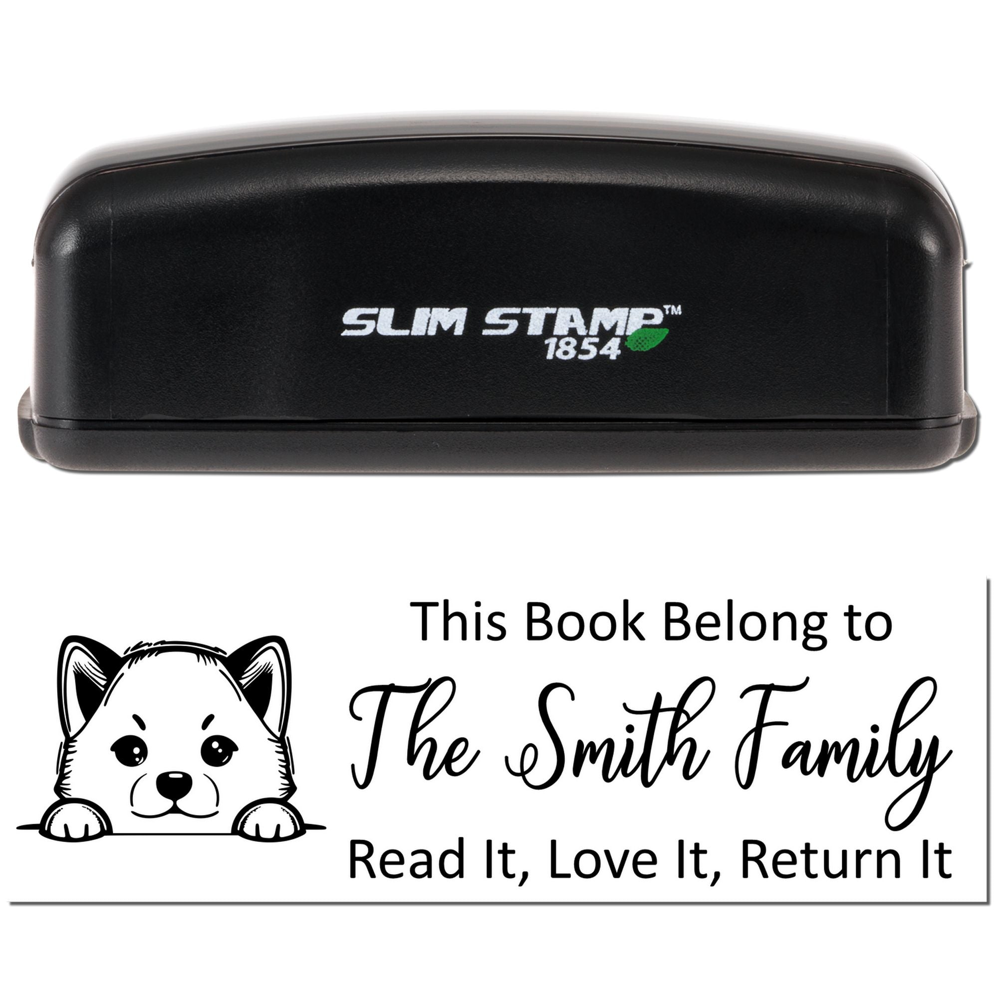 Custom self-inking rubber stamp for books: This Book Belongs to The Smith Family with return-it message.