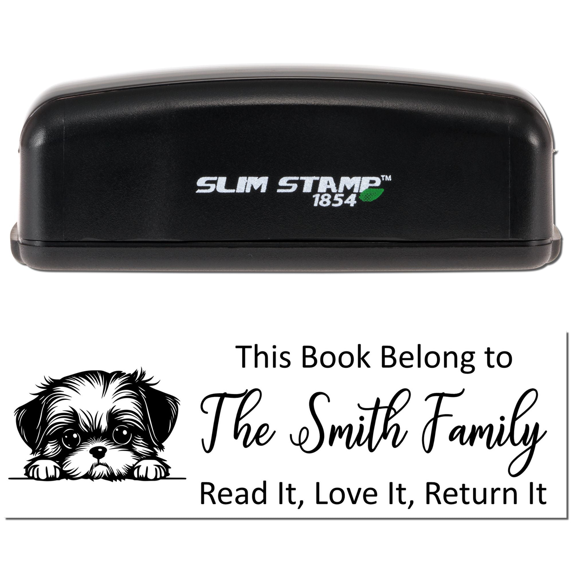 Slim Stamp 1854 self-inking rubber book stamp with dog design and personalized "The Smith Family" return message.