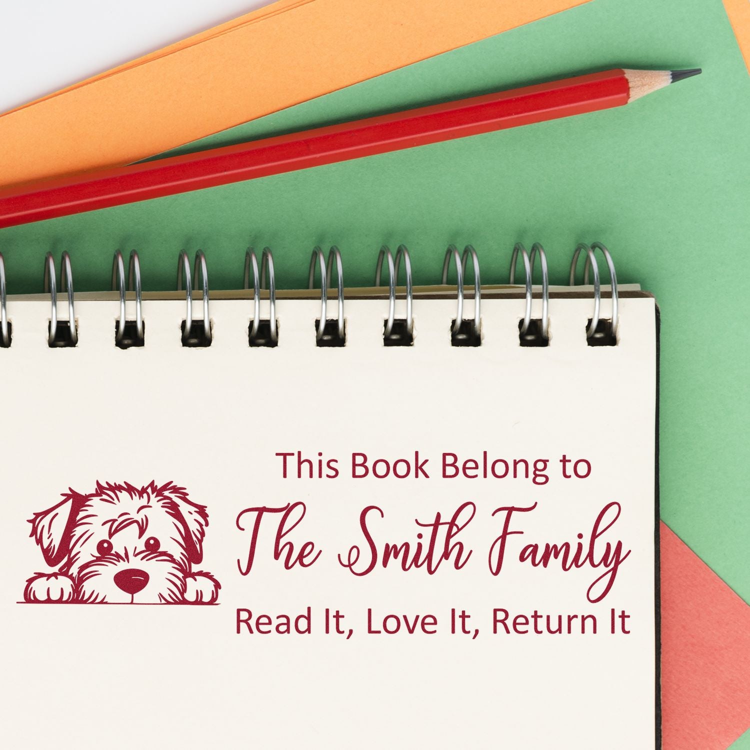 Personalized rubber book stamp with dog design for The Smith Family: Read It, Love It, Return It