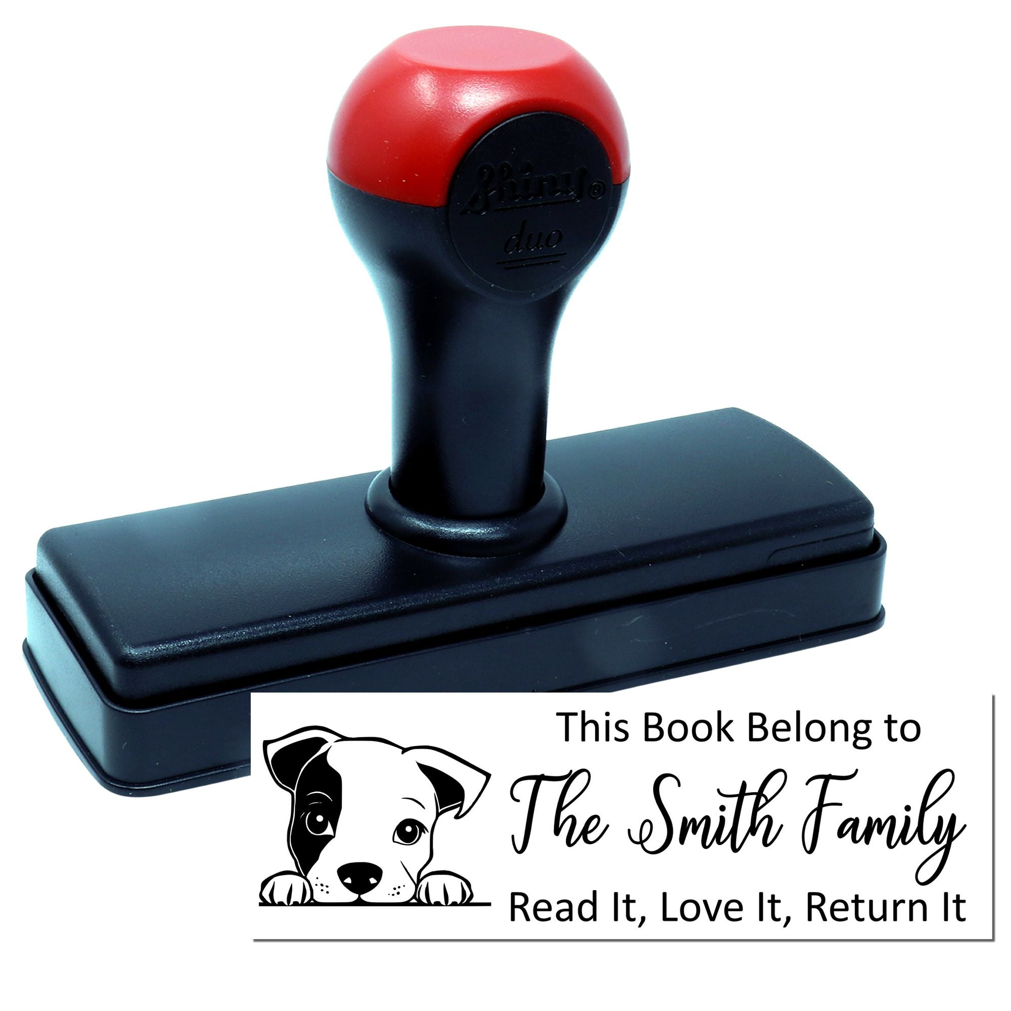 Custom self-inking rubber book stamp with dog design for personalized library ownership and return labels