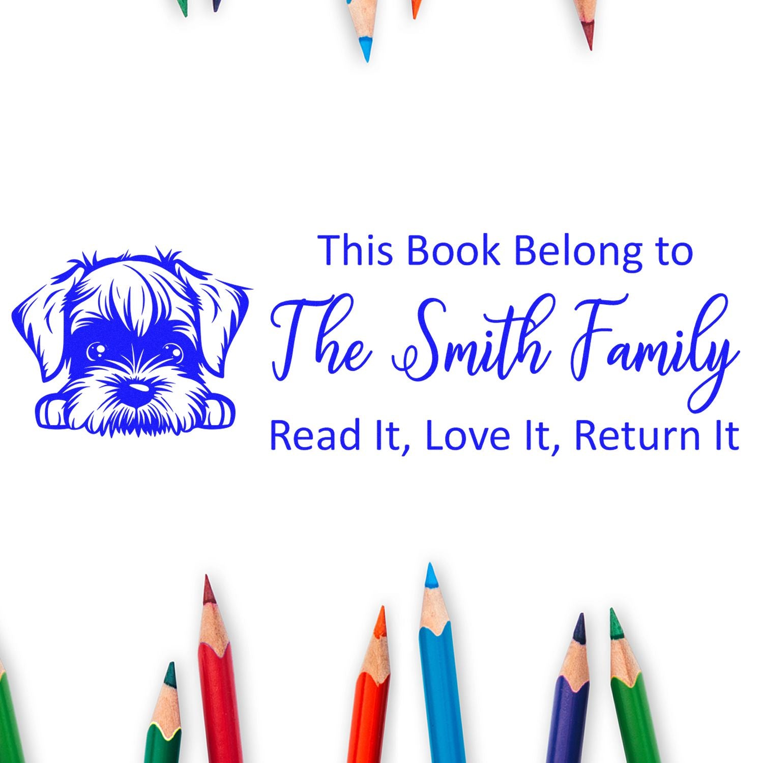 Personalized dog book rubber stamp with This Book Belongs to The Smith Family for kids library books and easy return tracking.