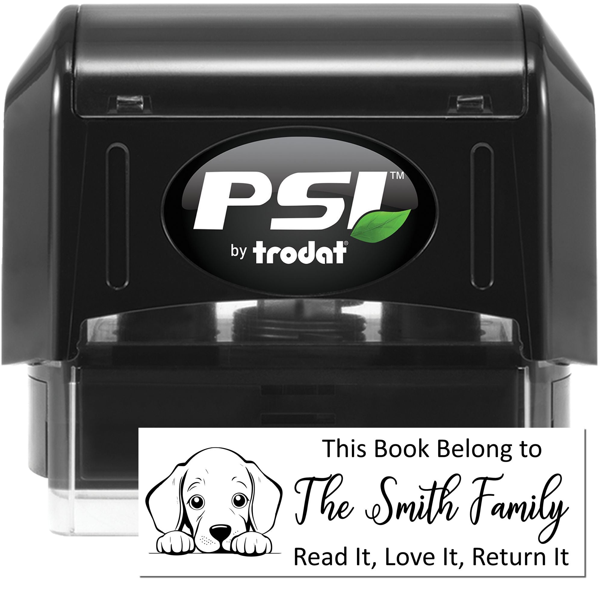 PSI by Trodat self-inking rubber stamp for personalized books, featuring a dog illustration and This Book Belong to The Smith Family text.