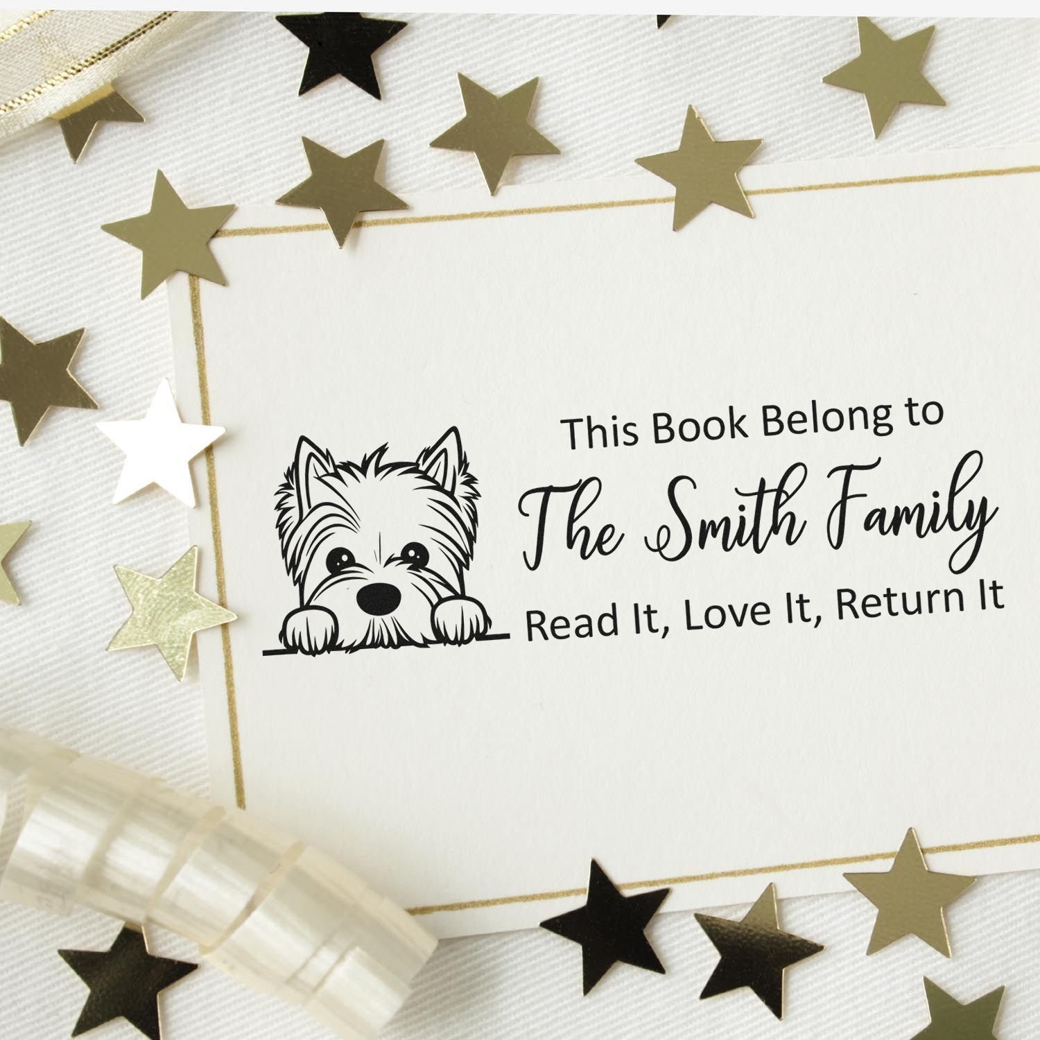 Personalized dog book stamp for The Smith Family, with Read It, Love It, Return It for custom library books.