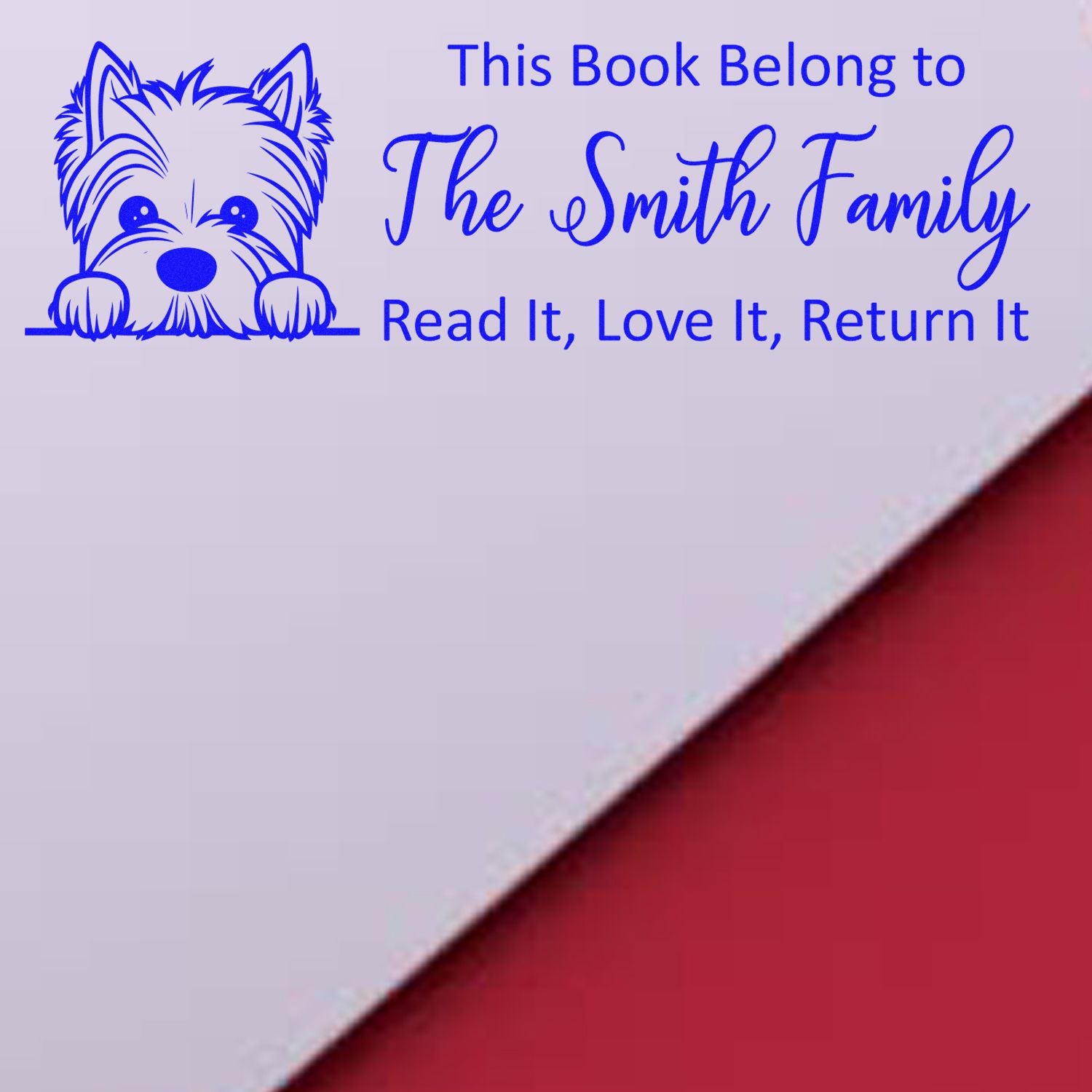 Custom book belongs rubber stamp with dog illustration, The Smith Family, and read, love, return it message for library books.