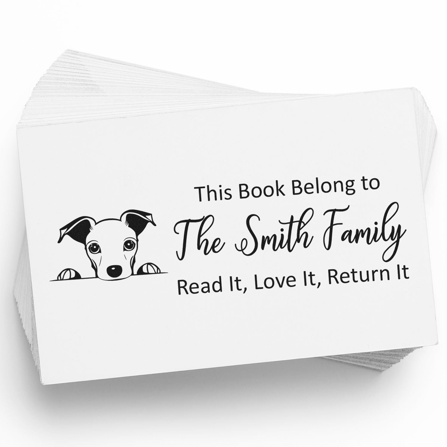 Personalized dog book stamp reading This Book Belongs to The Smith FamilyRead It, Love It, Return It.