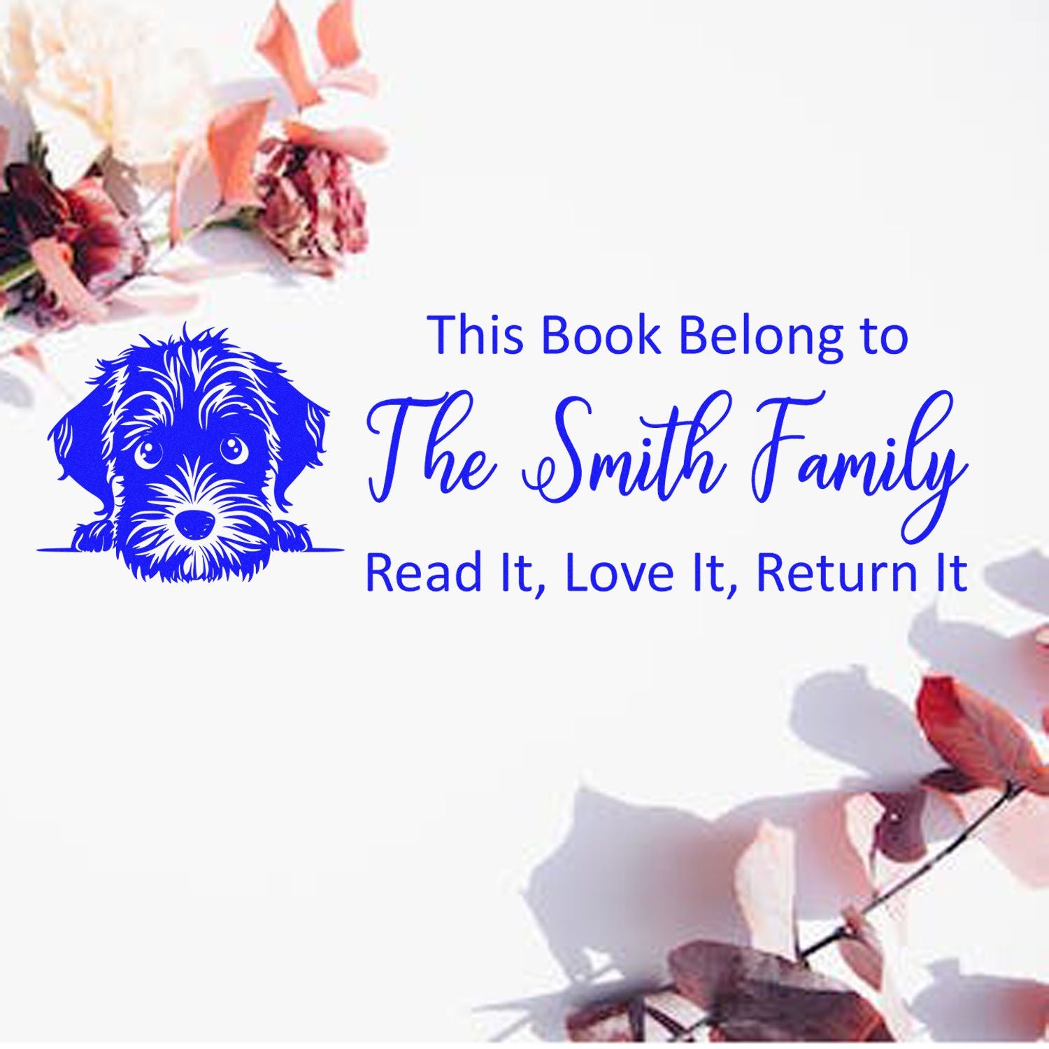Personalized book stamp for The Smith Family with dog illustration and Read It, Love It, Return It message.