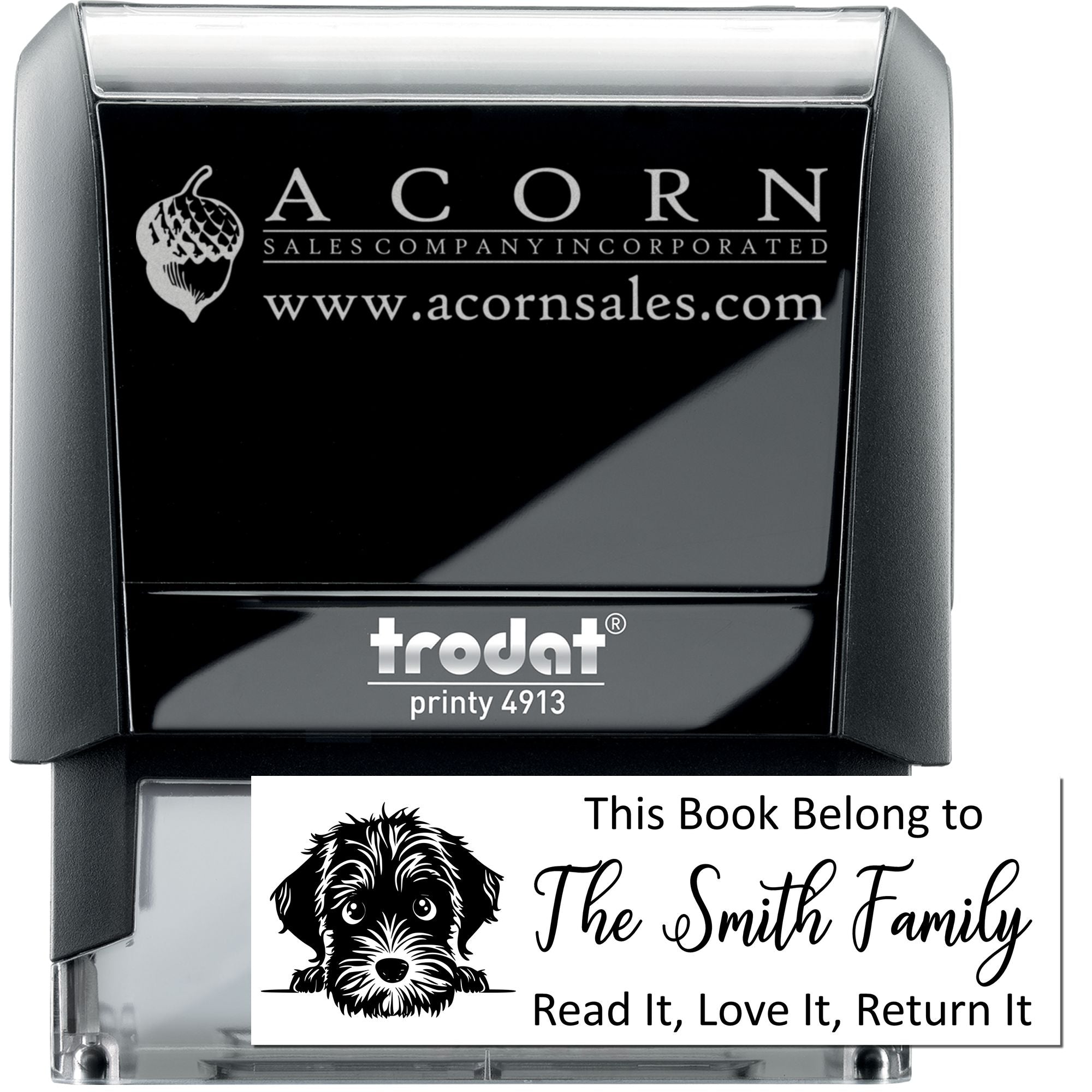 Custom self-inking rubber stamp with Acorn Sales logo and personalized book return bookplate design, Trodat Printy 4913.