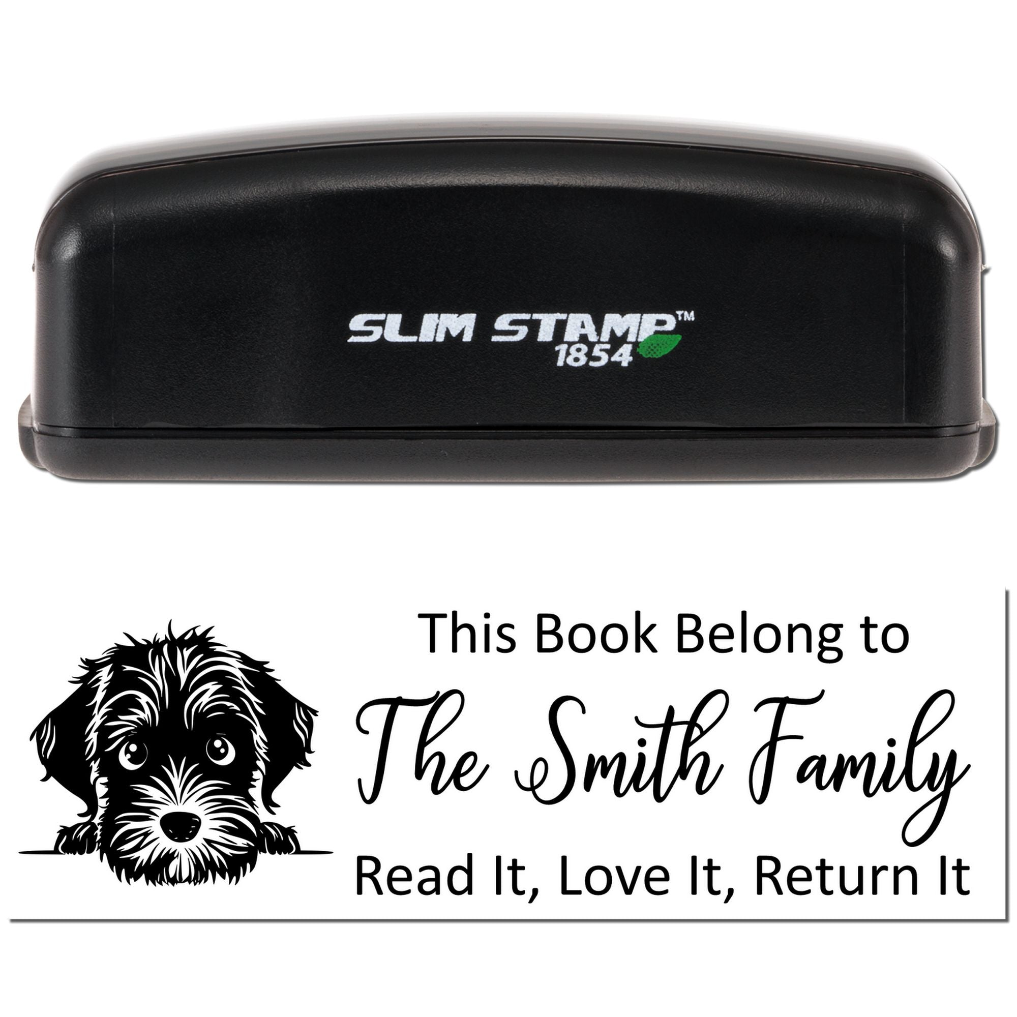 Personalized Slim Stamp 1854 custom book ownership rubber stamp with dog design and This Book Belong to The Smith Family text.