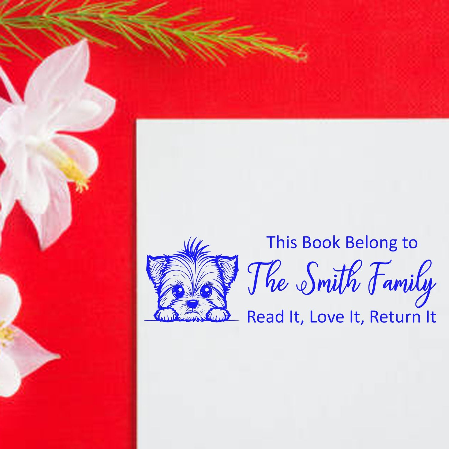 Personalized book stamp with dog icon and This Book Belongs to The Smith Family for custom library book labels.