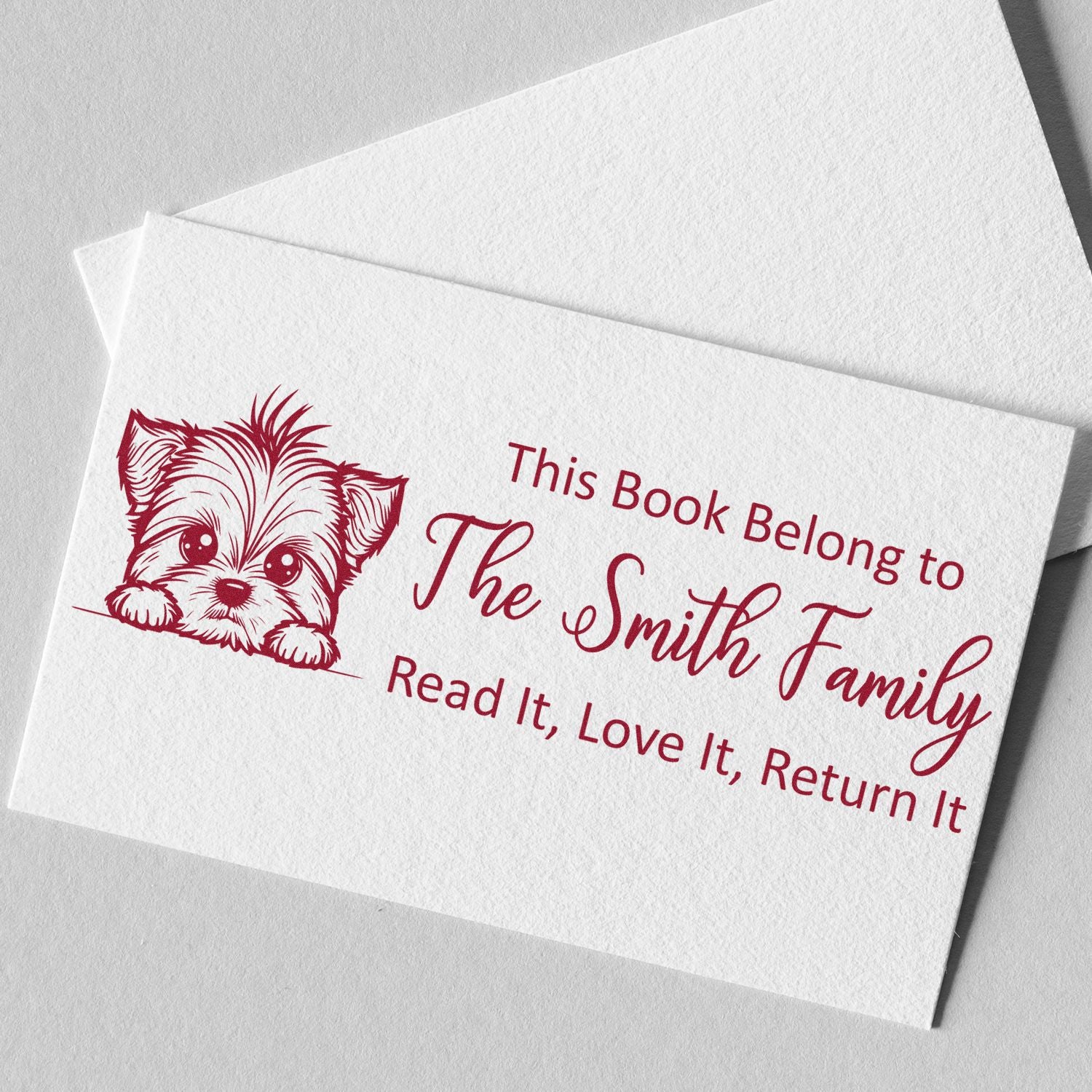 Personalized custom rubber stamp for books with puppy design: This Book Belongs to the Smith FamilyRead It, Love It, Return It