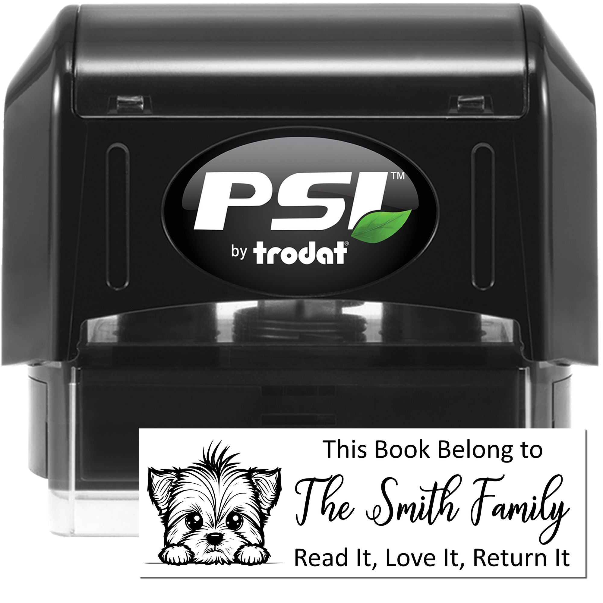 PSI by Trodat self-inking rubber stamp for personalized bookplates and family library book labels.