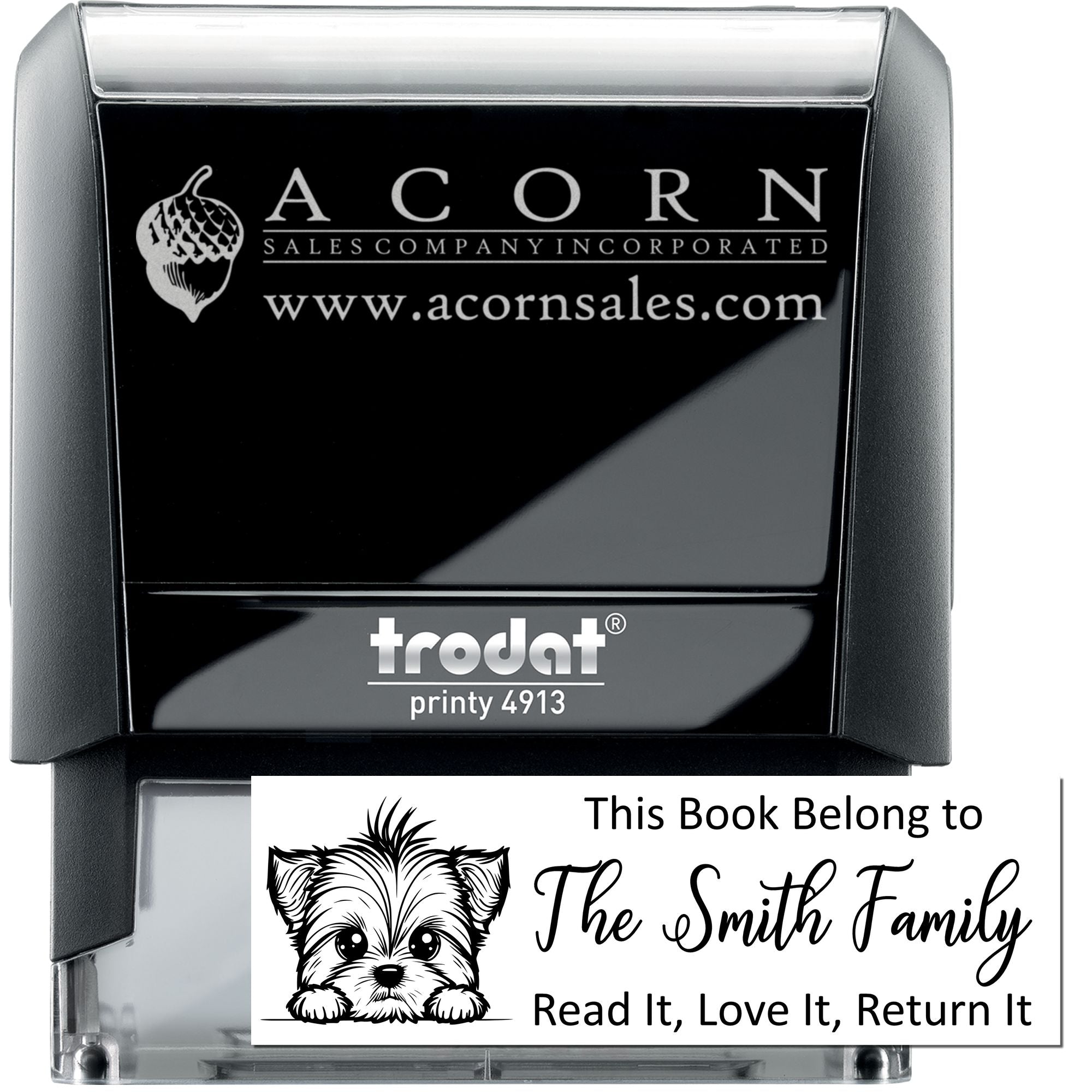 Trodat self-inking rubber stamp with custom logo and book belongs design for personalized business and library stamping.