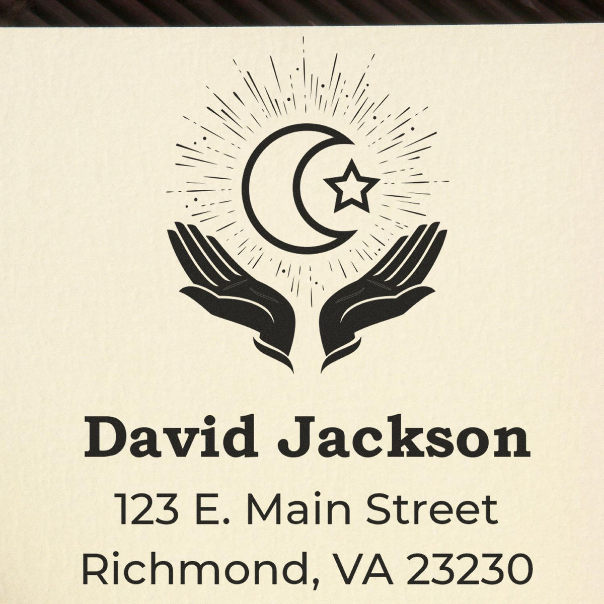 Custom rubber address stamp with crescent moon and star design for David Jackson, Richmond VA 23230.