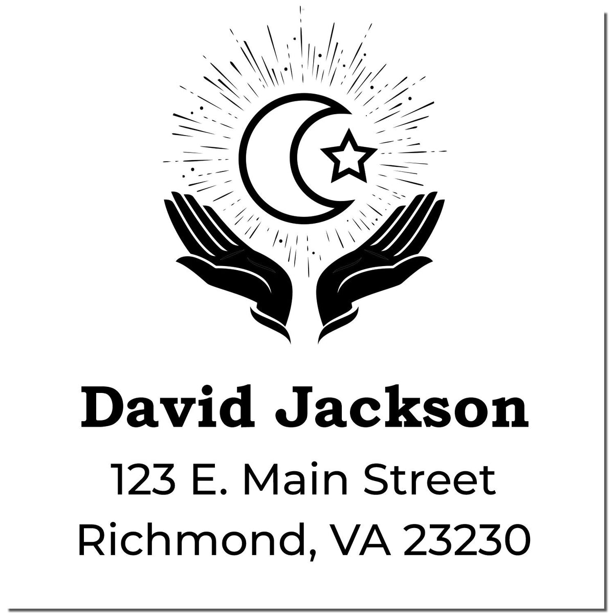Custom rubber address stamp with moon and star logo, David Jackson, 123 E. Main Street, Richmond, VA 23230.
