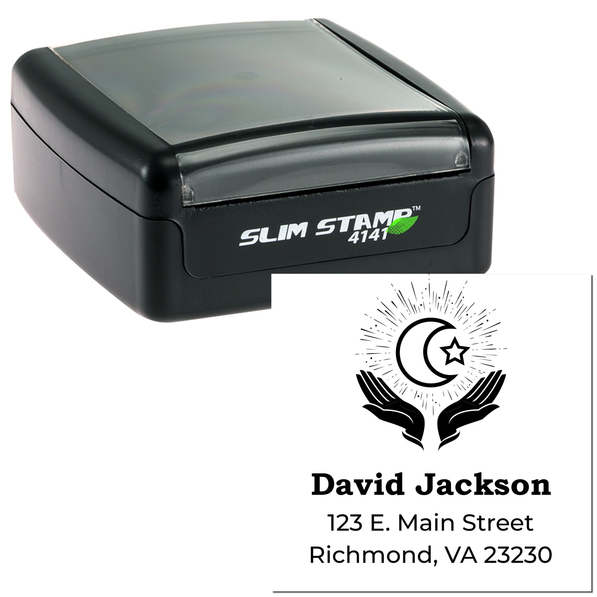Custom self-inking address rubber stamp with crescent and star design for David Jackson.