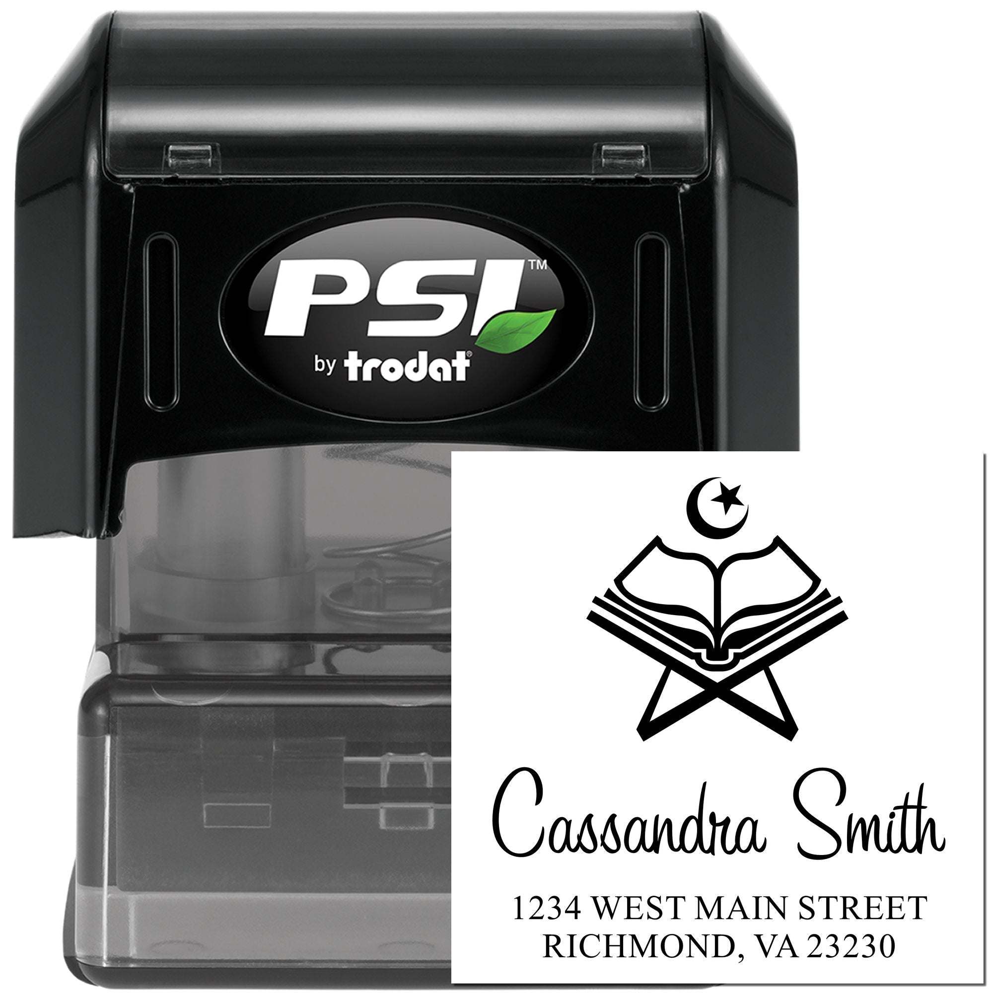 Custom self-inking address stamp with Islamic book logo and name, ideal for personalized mailing and office use.
