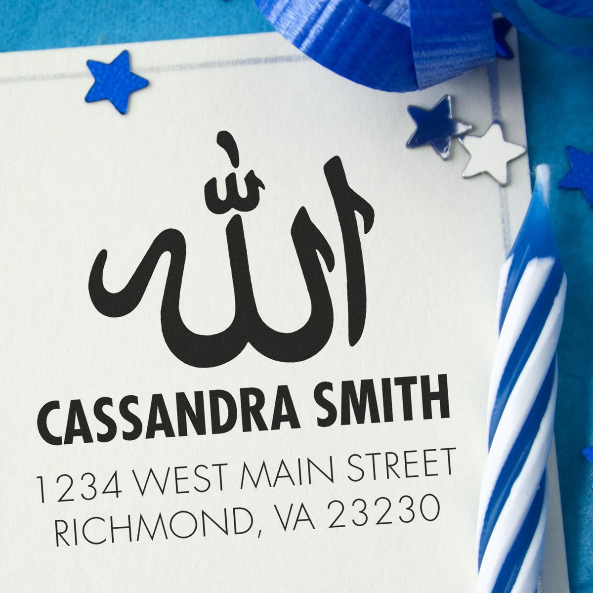 Custom address rubber stamp featuring Arabic Allah calligraphy, Cassandra Smith name, and Richmond, VA return address.