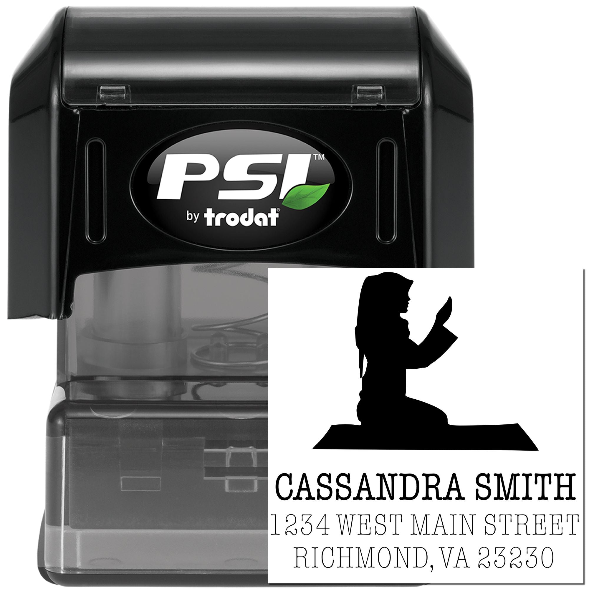 Custom self-inking return address rubber stamp by PSI Trodat for personalized name and address imprinting.