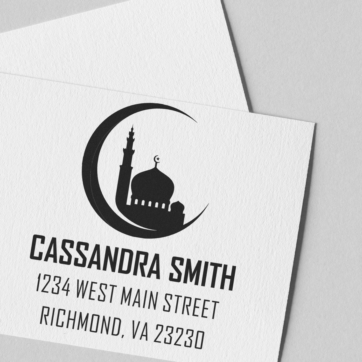 Custom rubber stamp with mosque logo and return address for Cassandra Smith, Richmond, VA 23230.