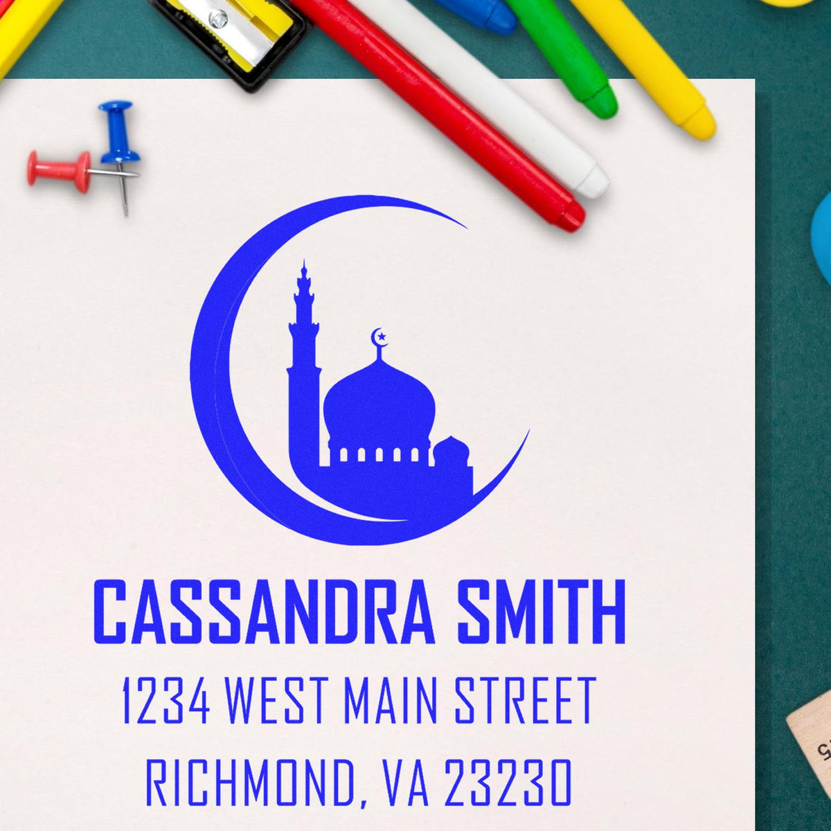 Custom rubber stamp with mosque crescent logo, Cassandra Smith name, and Richmond, VA address for mailing and branding.