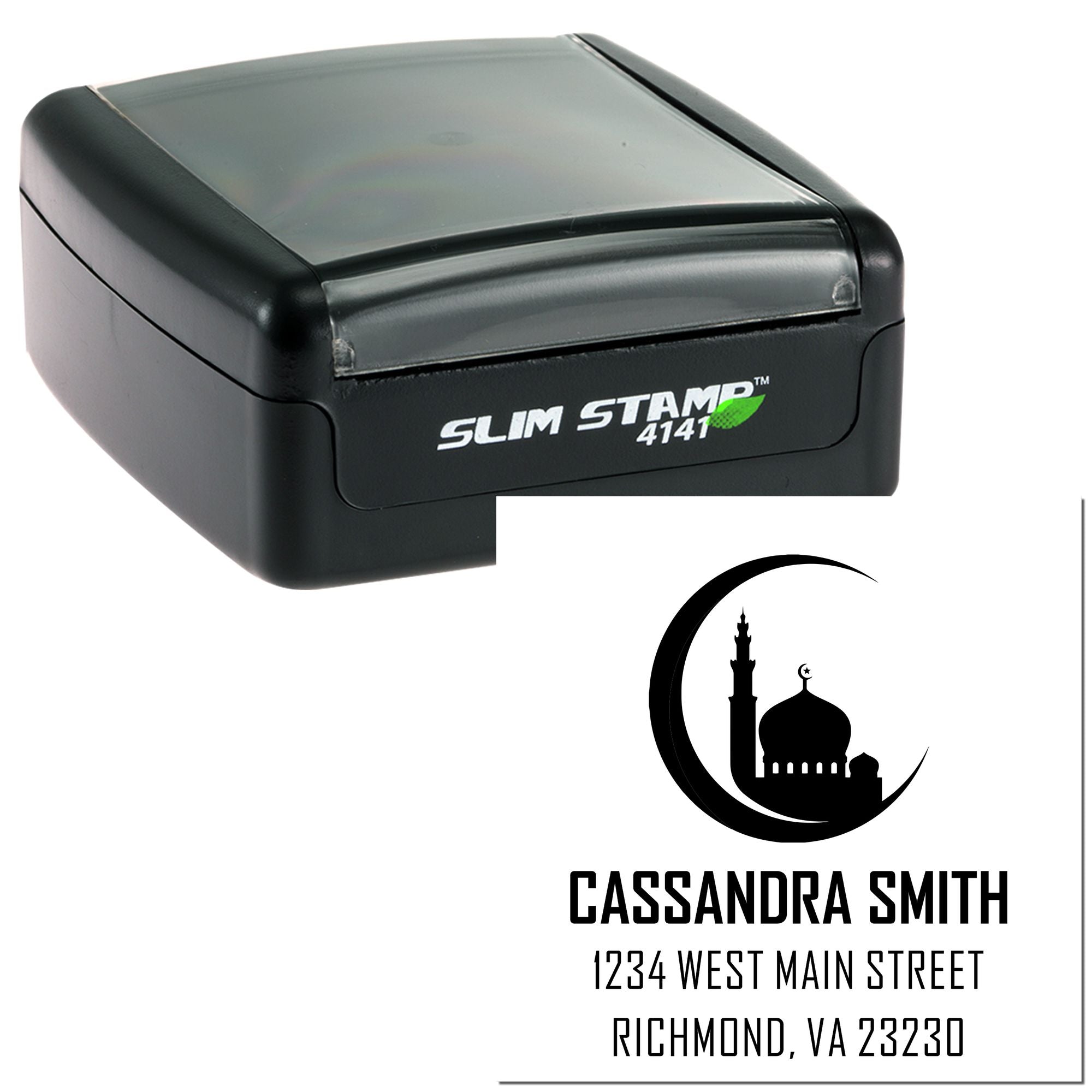 Slim Stamp 4141 custom self-inking rubber stamp with Islamic crescent mosque logo and return address for Cassandra Smith.