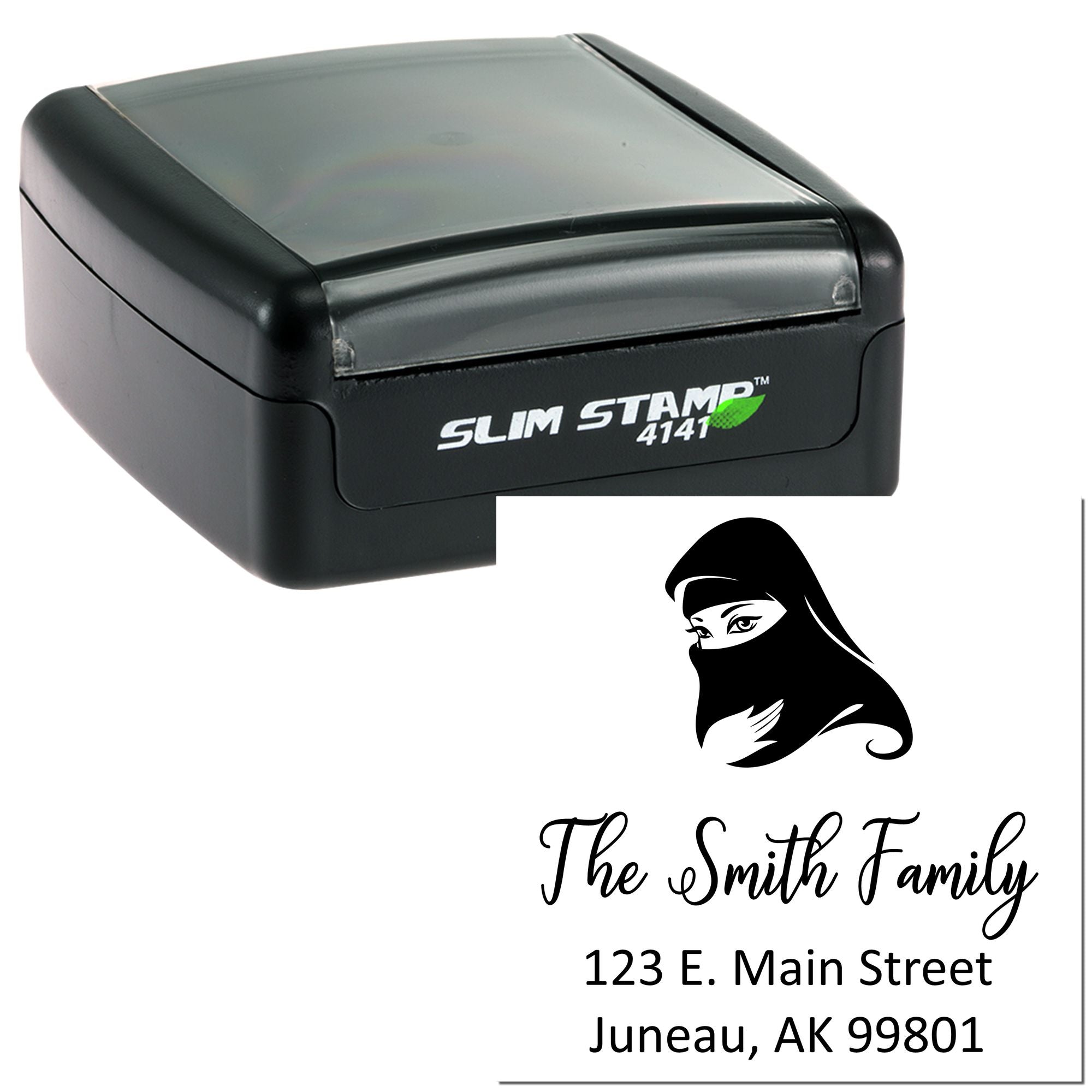 Slim Stamp 4141 custom self-inking rubber stamp with ninja woman design, family name, and address for personalized mailing.