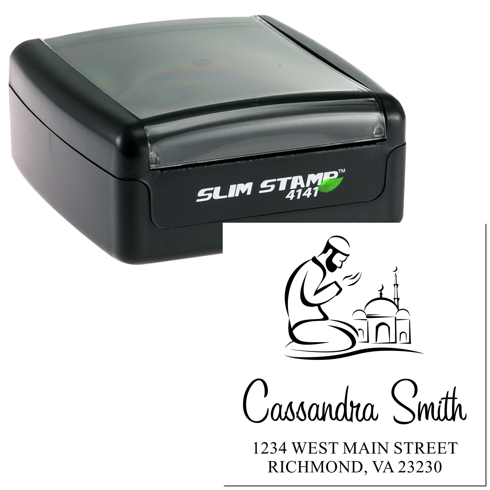 Self-inking rubber stamp with custom address imprint, Islamic design, and personalized name for mailing.