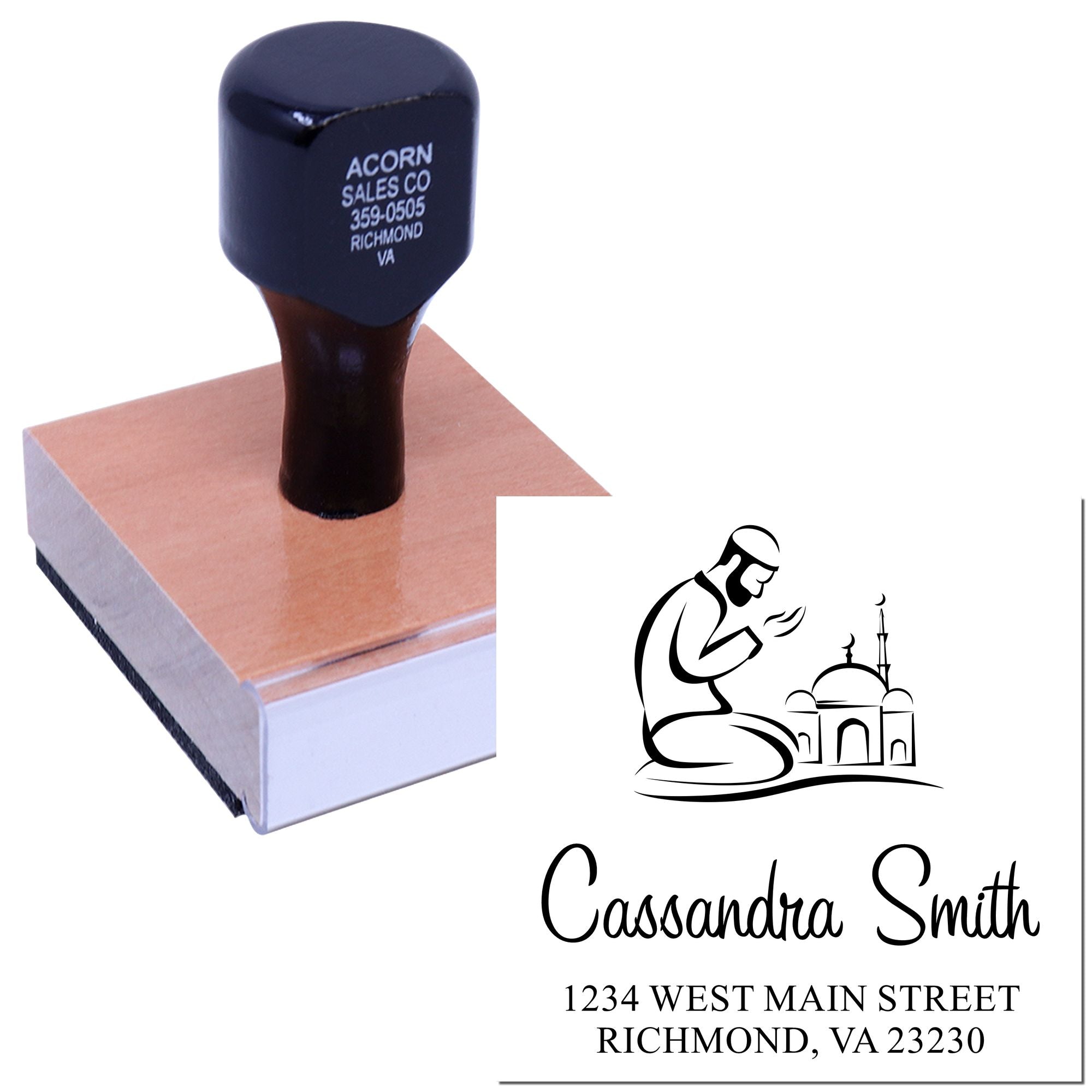 Custom rubber stamp for Cassandra Smith with Islamic prayer design and Richmond, VA address
