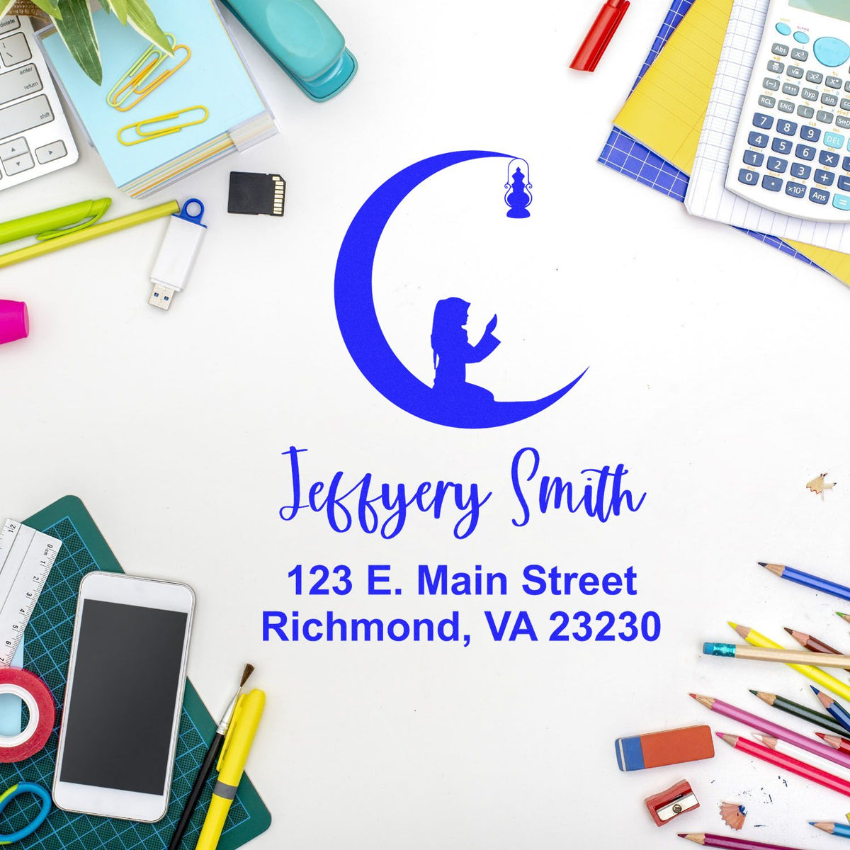 Custom rubber stamp for Jeffrey Smith with moon-and-child logo, name, and Richmond, VA address for school or business branding.