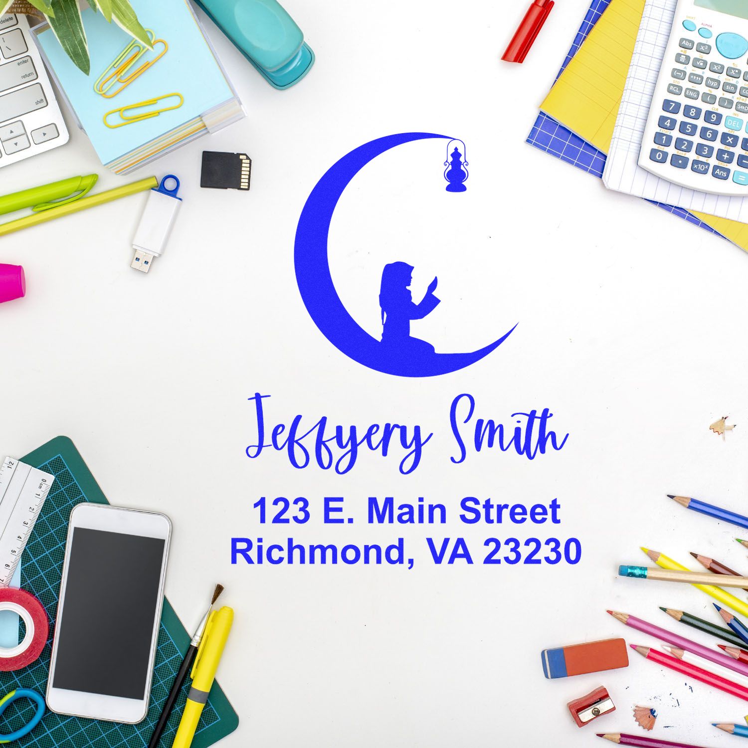 Custom rubber address stamp with crescent moon logo, Jeffrey Smith name, and Richmond, VA address for personalized business use.
