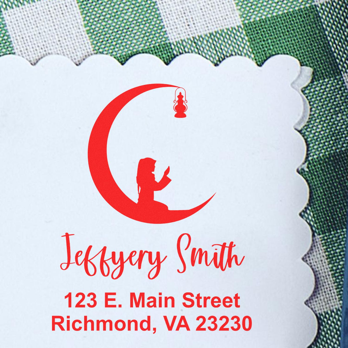 Custom rubber stamp design with crescent moon prayer logo, personalized with Jeffery Smith name and Richmond, VA address.