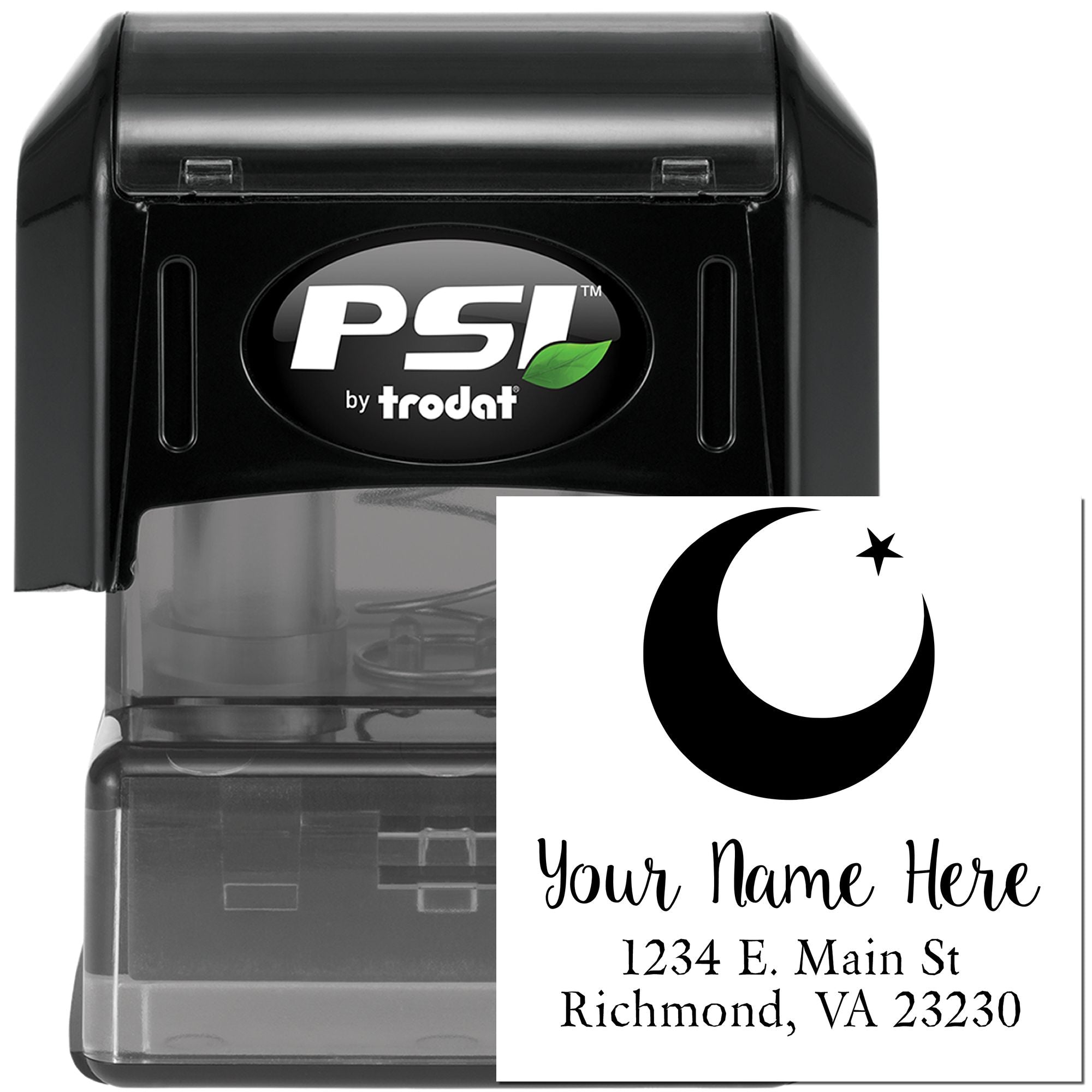 Personalized self-inking return address rubber stamp with crescent moon and star design for mailing labels.